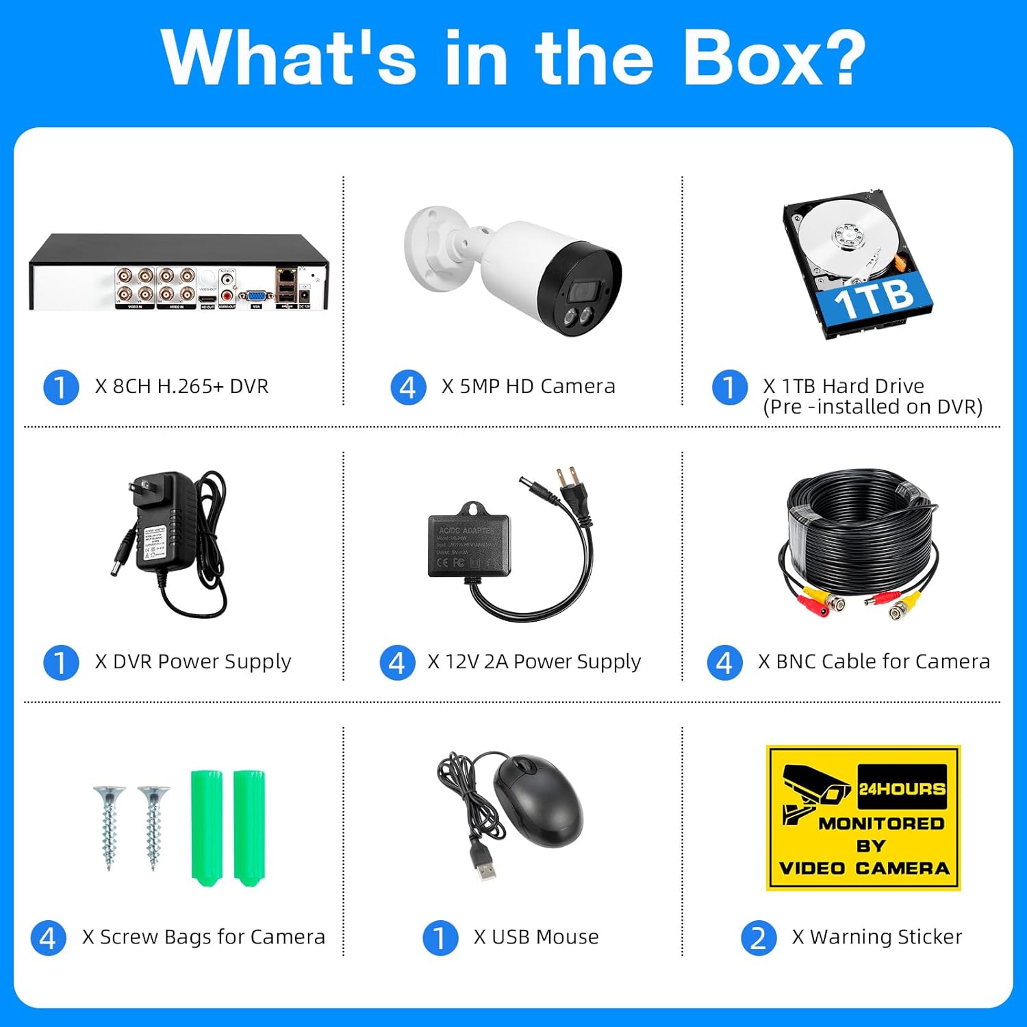 4 Channel CCTV Camera Security System, DVR for Camera System with 500GB dvr Hard Drive, H.265+ Surveillance Security Camera with 2pcs 5MP Camera 24/7 Recording,Mobile APP Remote Access