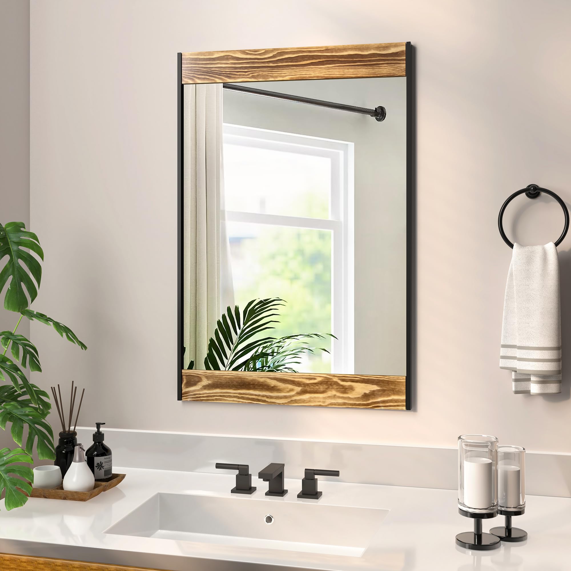 HLFMVWE Specchio rustico rettangolare in legno antico da parete cornice decorazione casa colonica camera da letto comò camera da letto specchio ingresso grande marrone 66 x 45,7 cm