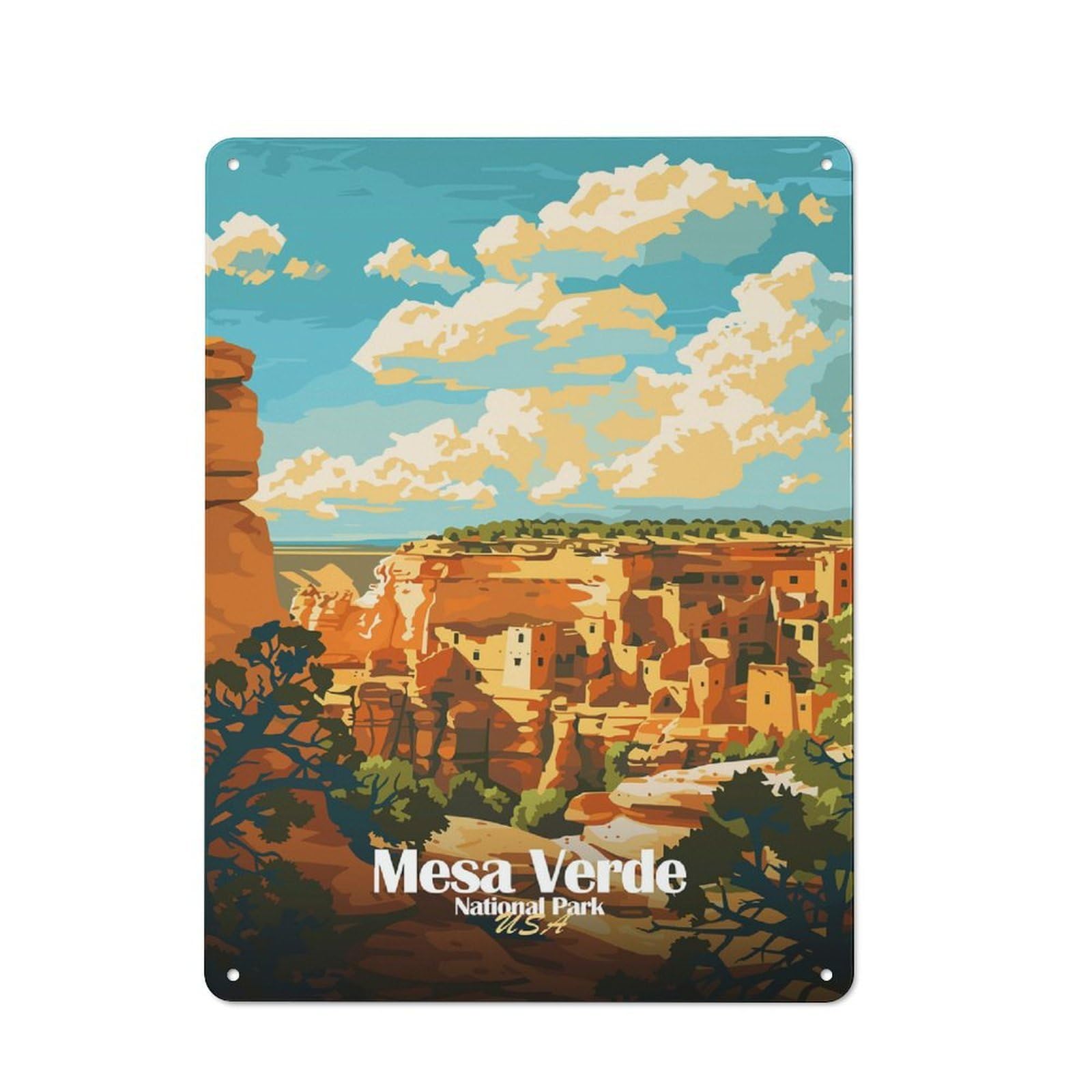 Junmoney Style-19 Mesa Verde National Park Illustration Metal Wall Art Sign 40X30cm, Vintage Old Style Wall Plaque For Living Room, Hallway, Kitchen Or Cafe