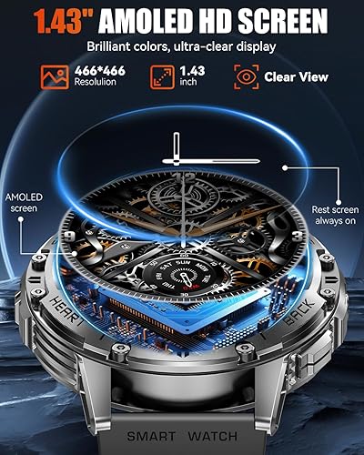 Miniatura 3 de Relojes inteligentes militares para hombre con llamada Bluetooth, reloj inteligente AMOLED impermeable de 1.43 pulgadas con linterna, 111 modos