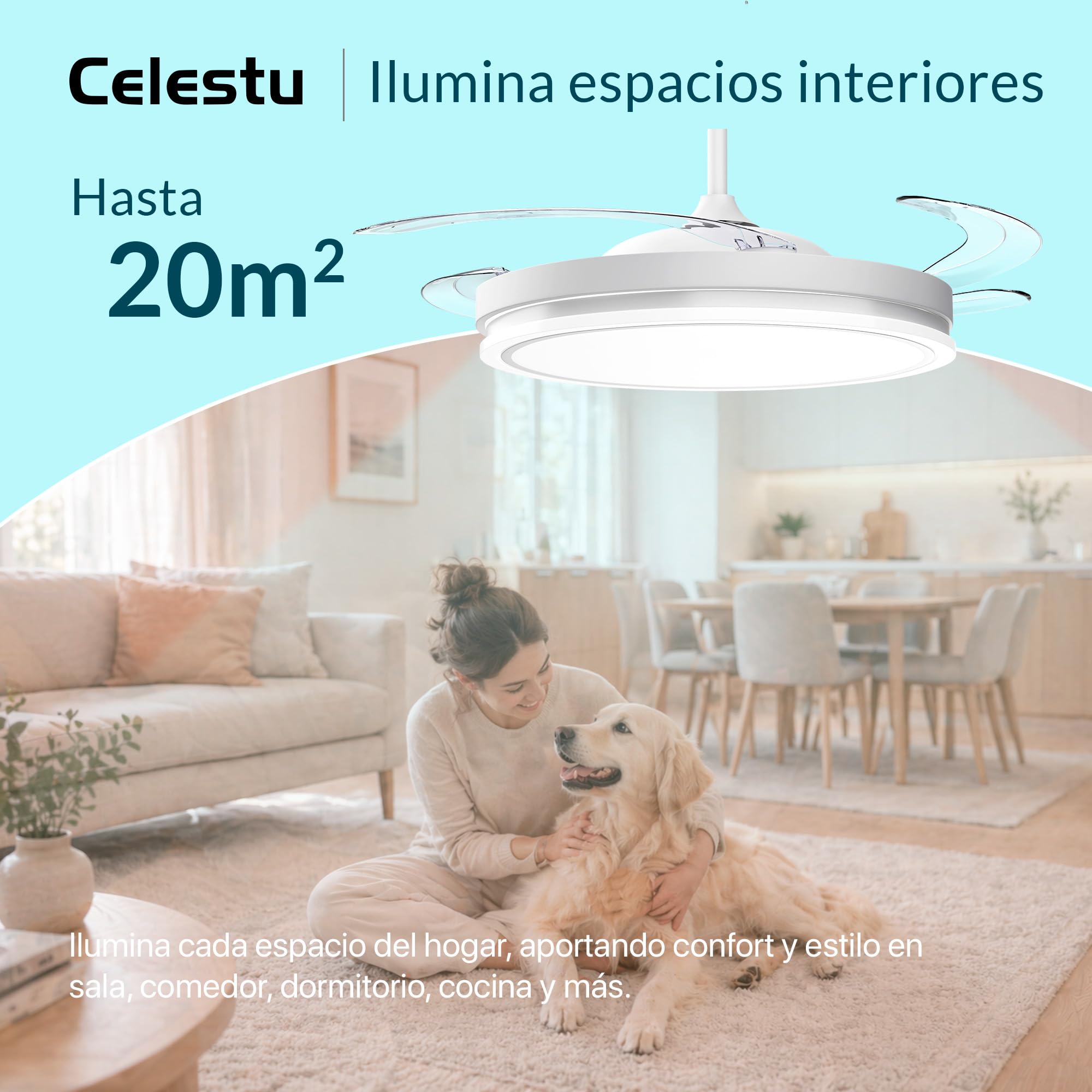 Ventilador de techo con luz led 66W con mando,temporizador, 6 velocidades, aspas retráctiles, 3 temperaturas de luz, CCT Silencioso, Intensidad Regulable (Blanco Brillo)