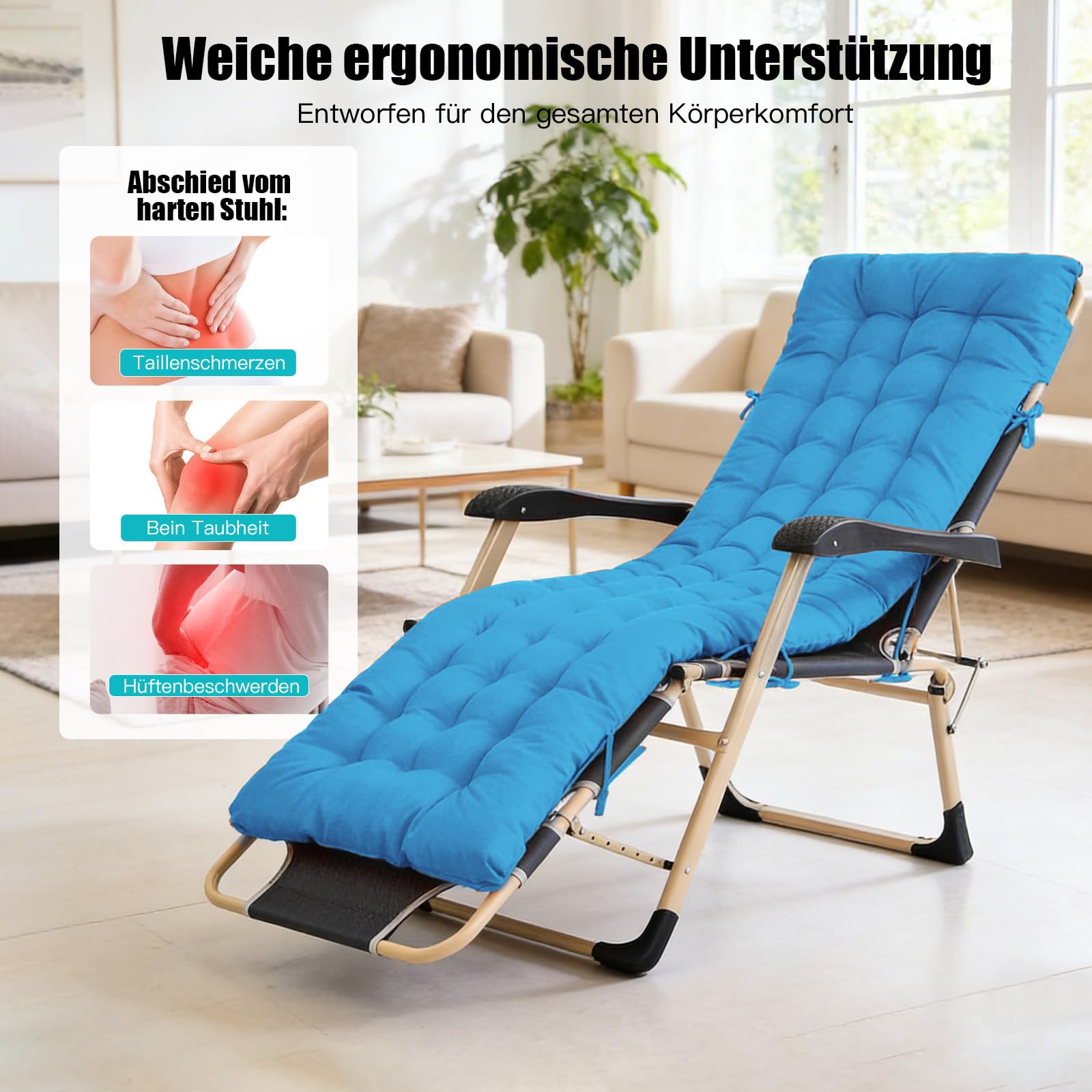 Bocguy Coussins pour Bains De Soleil，170x53x8 CM Chaise Longue Jardin，Matelas Transat Bain De Soleil Chaise Longue Exterieur pour Jardin Terrasse Balcon