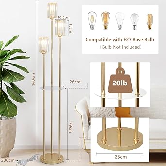 Rayofly Modern Floor Lamp with Shelves, 3-Lights Gold Floor Lamps for Living Room, Crystal Standing Lamp with Glass Shades & Foot Switch, Glas Standing Lamps for Bedroom, Dining Room, Hall, Office [Energy Class D]