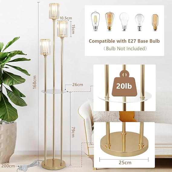 Rayofly Modern Floor Lamp with Shelves, 3-Lights Gold Floor Lamps for Living Room, Crystal Standing Lamp with Glass Shades & Foot Switch, Glas Standing Lamps for Bedroom, Dining Room, Hall, Office [Energy Class D]