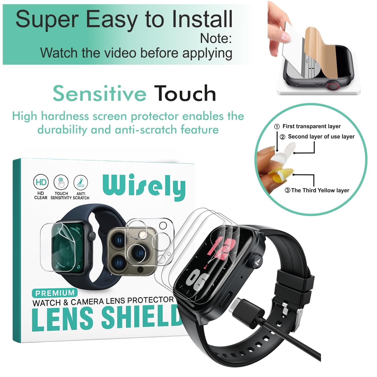 Wisely |3pcs| Screen Guard Protector Compatible For Boat Storm Call 4 Smartwatch |1.96"| Bubble Free, HD Clear, Full Cover, Easy installation kit — Amazon image 2
