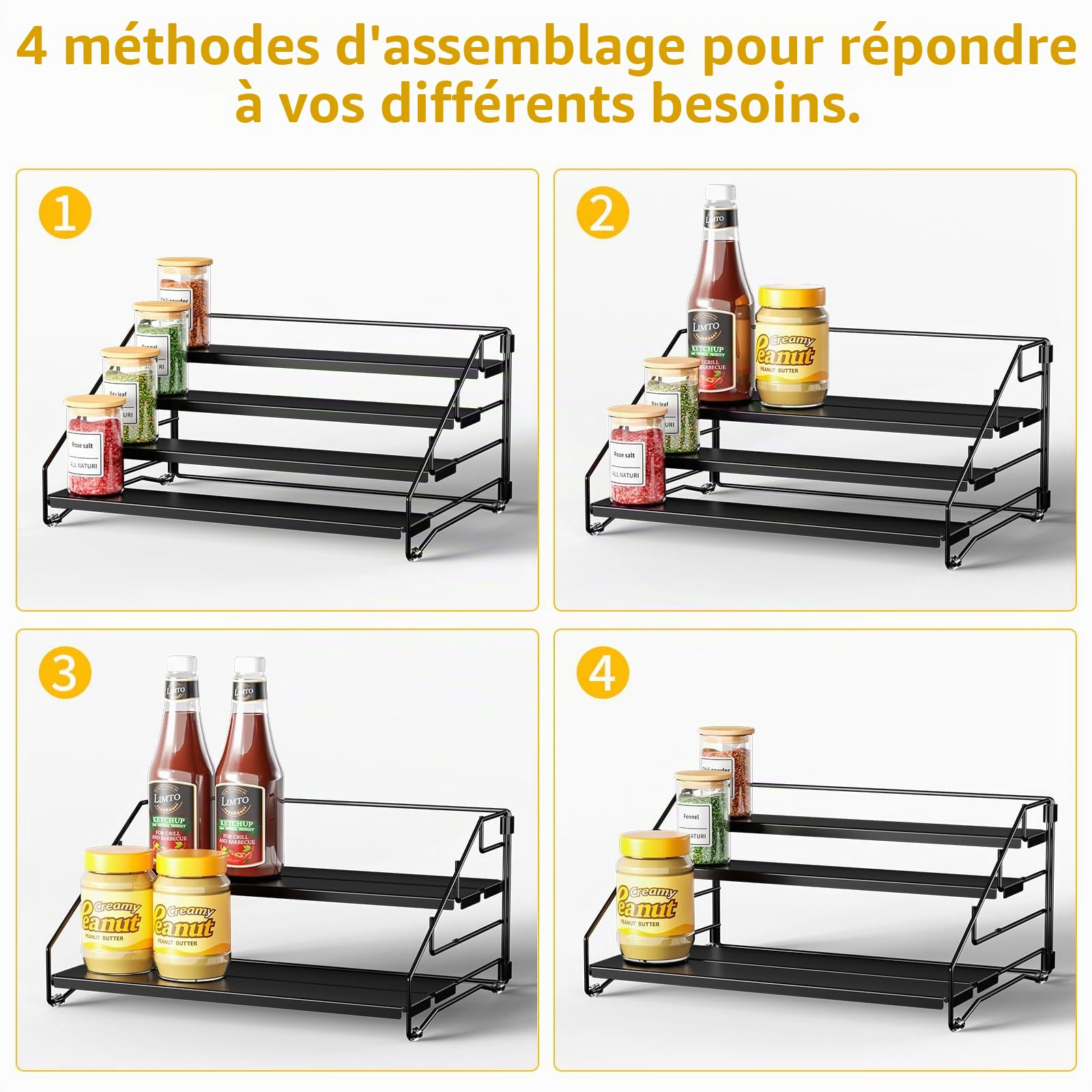 Rangement Epices Cuisine, Organisateur de Placard 4 Niveaux, Étagère à Étpices de Extensible pour Placard, plan de travail, Cuisine, Porte-Épices en Métal, Noir Lot de 2