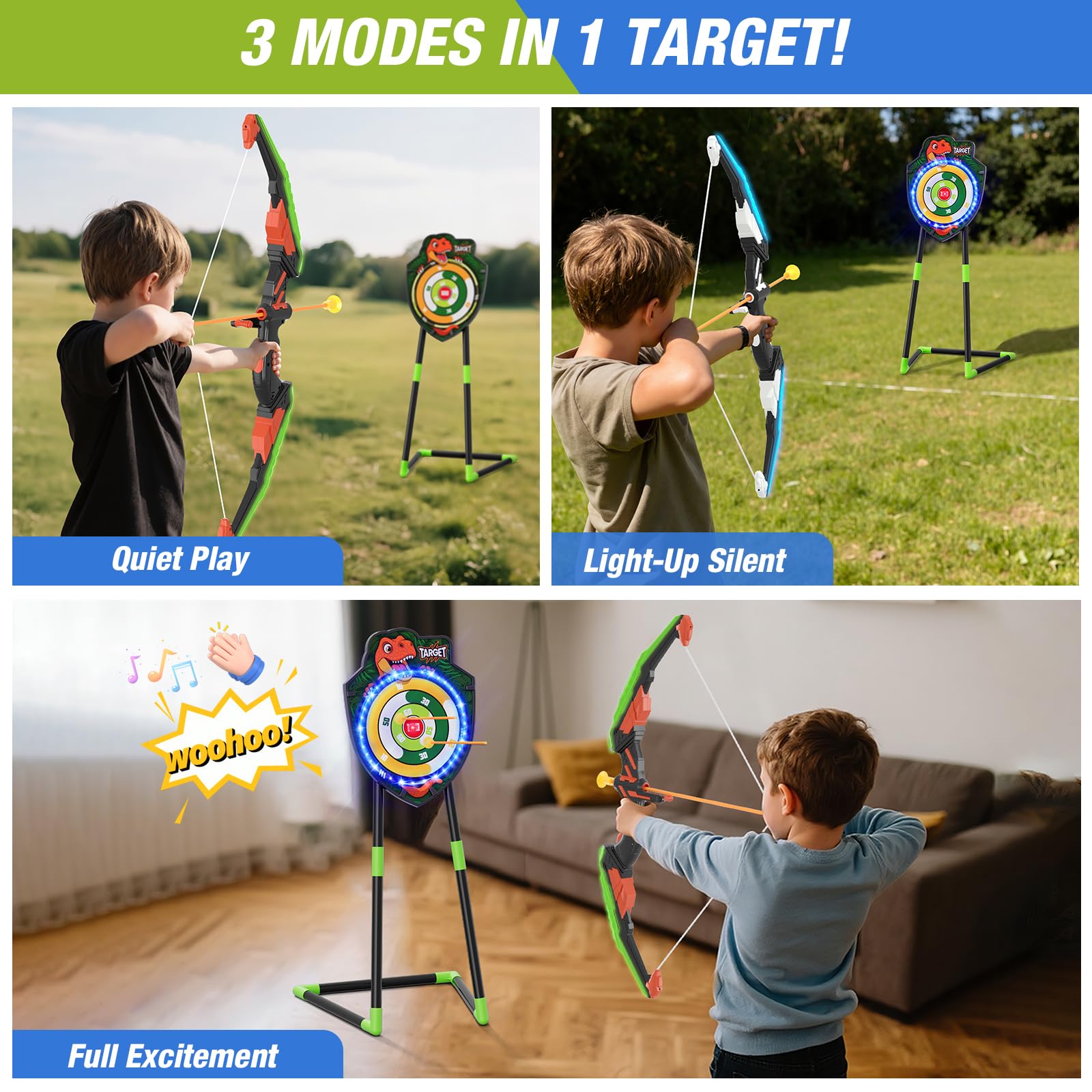 HYES 2 Pack Flèche et Arc pour Enfants, LED Lumière Dinosaure Tir à l'arc avec Flèches à Ventouse, Cible de Lueur Debout, Cibles de Score, Jouet d'Intérieur et d'Extérieur Cadeaux pour Garçons Filles