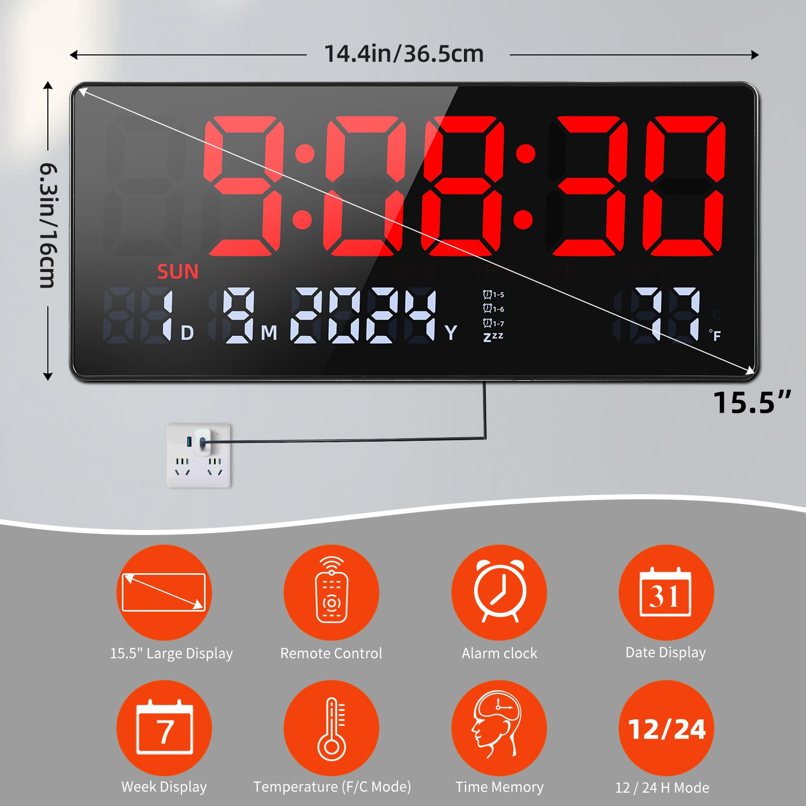 Fuloon Reloj de Pared Digital, 15,5" Grande Reloj Despertador Digital con Calendario, Segundos, Temperatura, Fecha, Semana, Reloj de Mesa Digital con Soporte para Salón Cocina Oficina