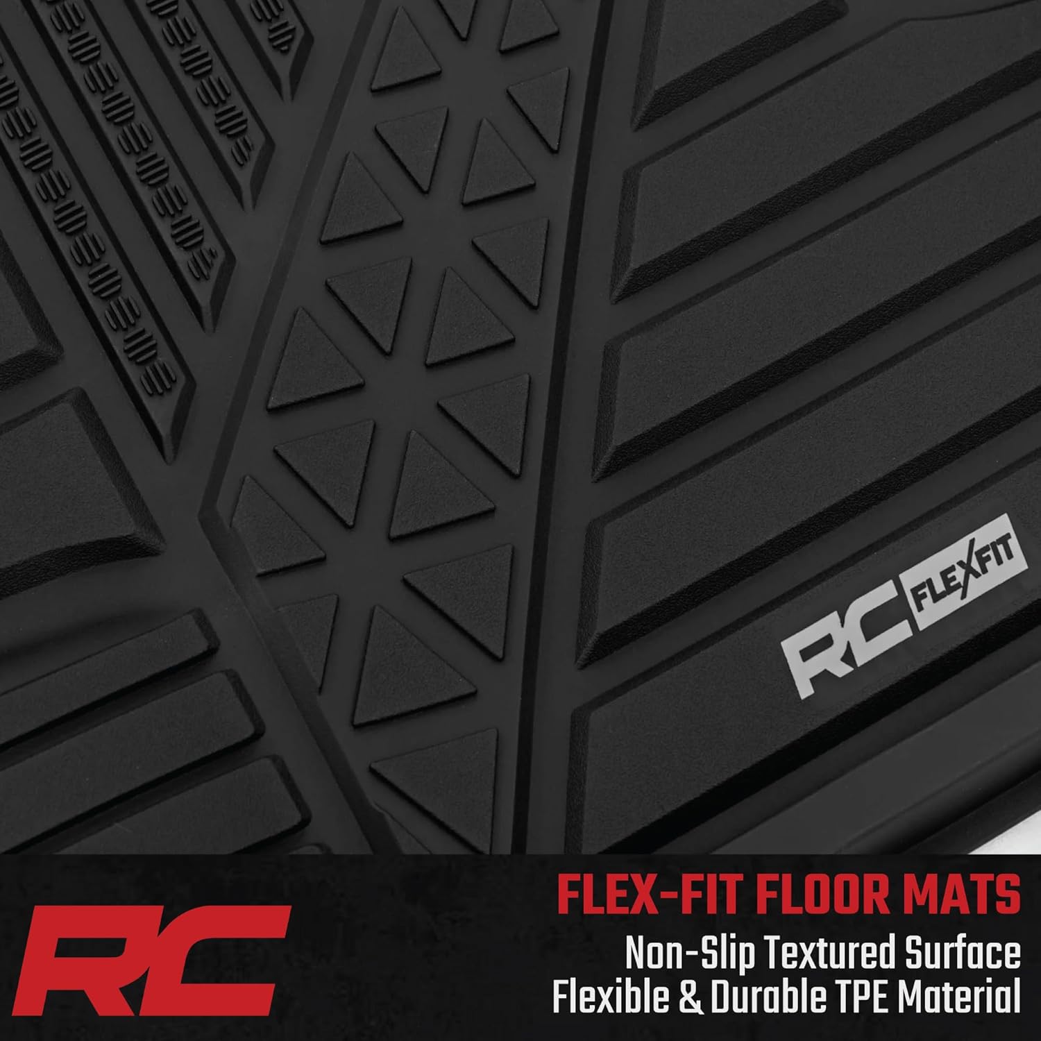 Rough Country Flex-Fit Floor Mats for Ram 1500 (2025-2026) Crew Cab - Front & Rear Set, Custom All-Weather Non-Slip TPE Liners with Spill Saver Lip