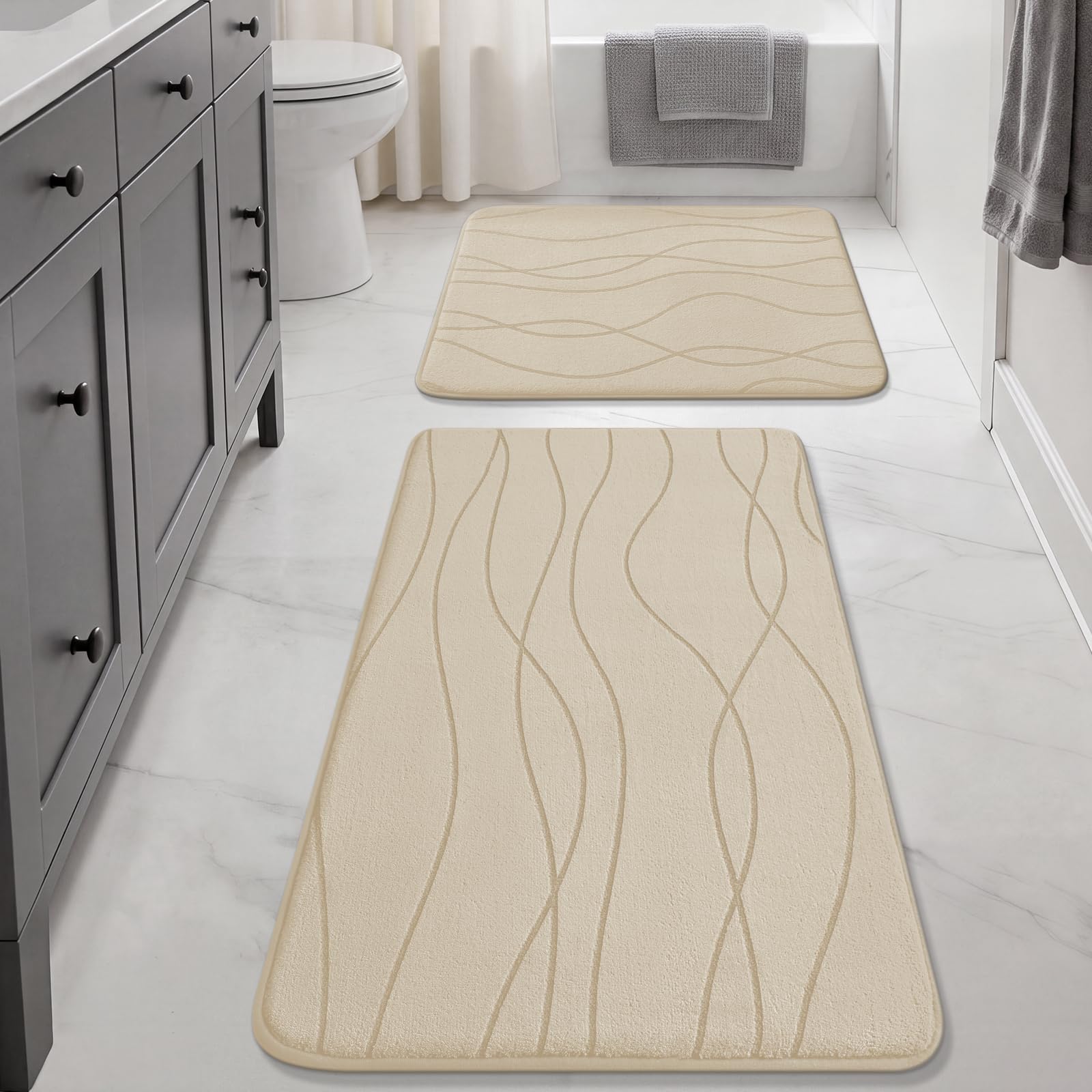 YIHOUSE Bathroom Rugs Set 2 Piece, Memory Foam Bath Mat Khaki