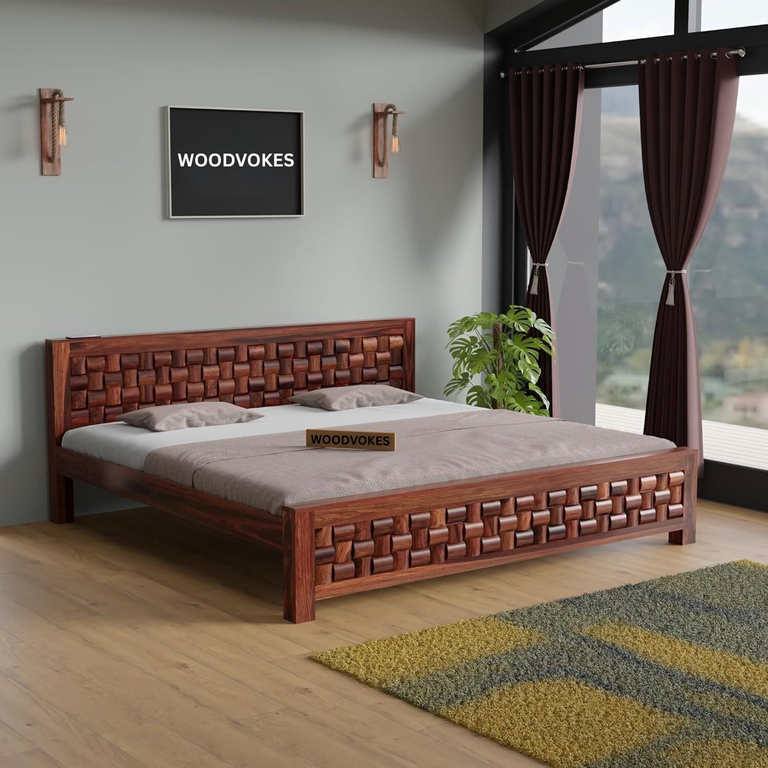 Sheesham Wood Bed Without Storage Solid Wooden Cot Bed Elegant and Functional Bedroom Living Room Home (Dark Mahogany Finish, Queen)-image-40