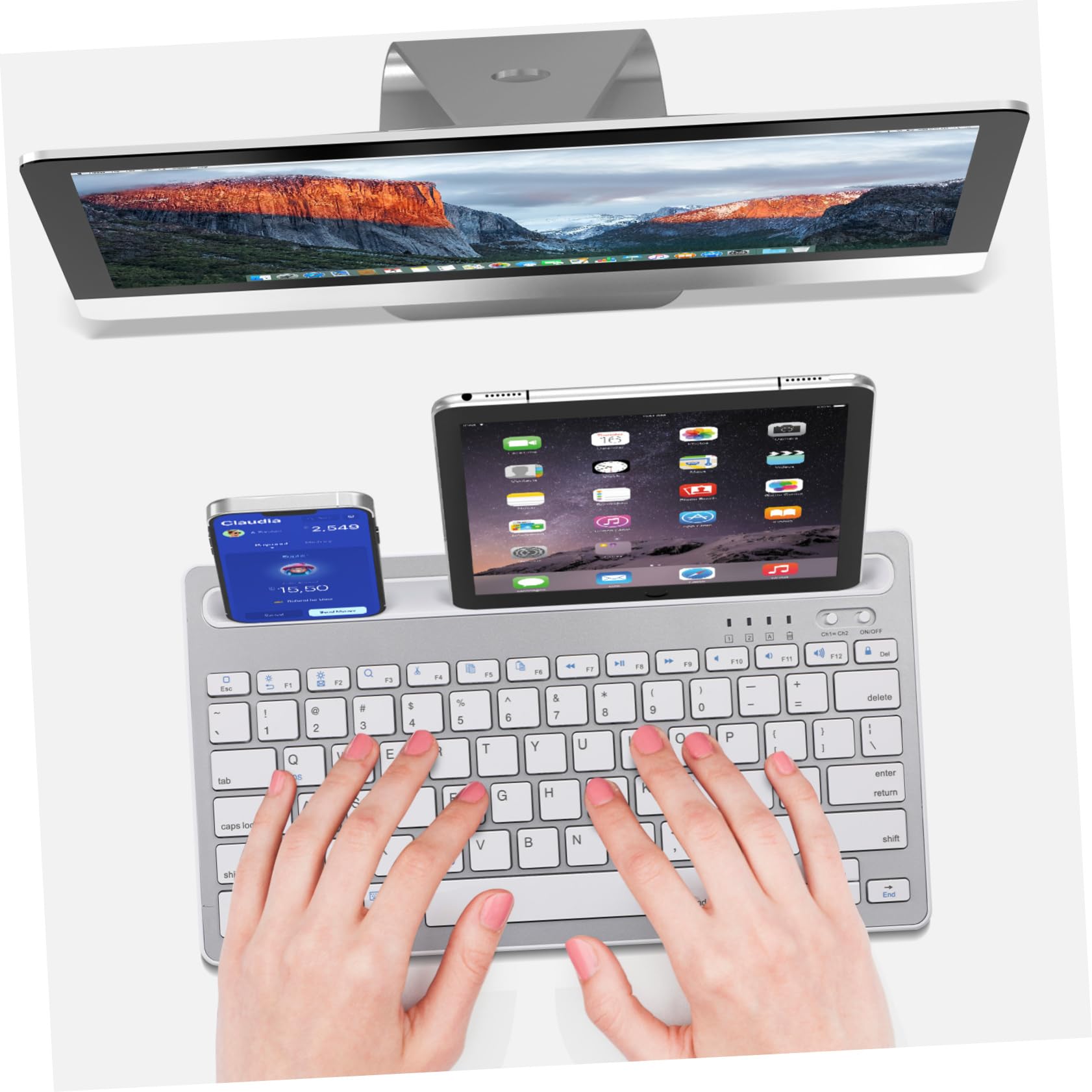 Uonlytech Tastiera Wireless Ricaricabile per Tablet e Smartphone in Abs e Ferro Uso Confortevole