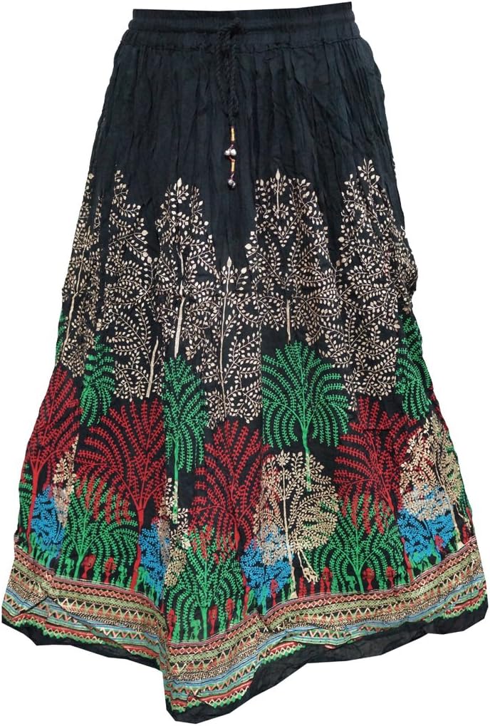 Yogachic Women's Rayon Black Printed Maxi Skirt