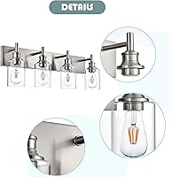 Vista 5 de 4 luces de tocador de baño, níquel cepillado, accesorios de iluminación de baño sobre espejo con vidrio transparente, aplique de pared industrial