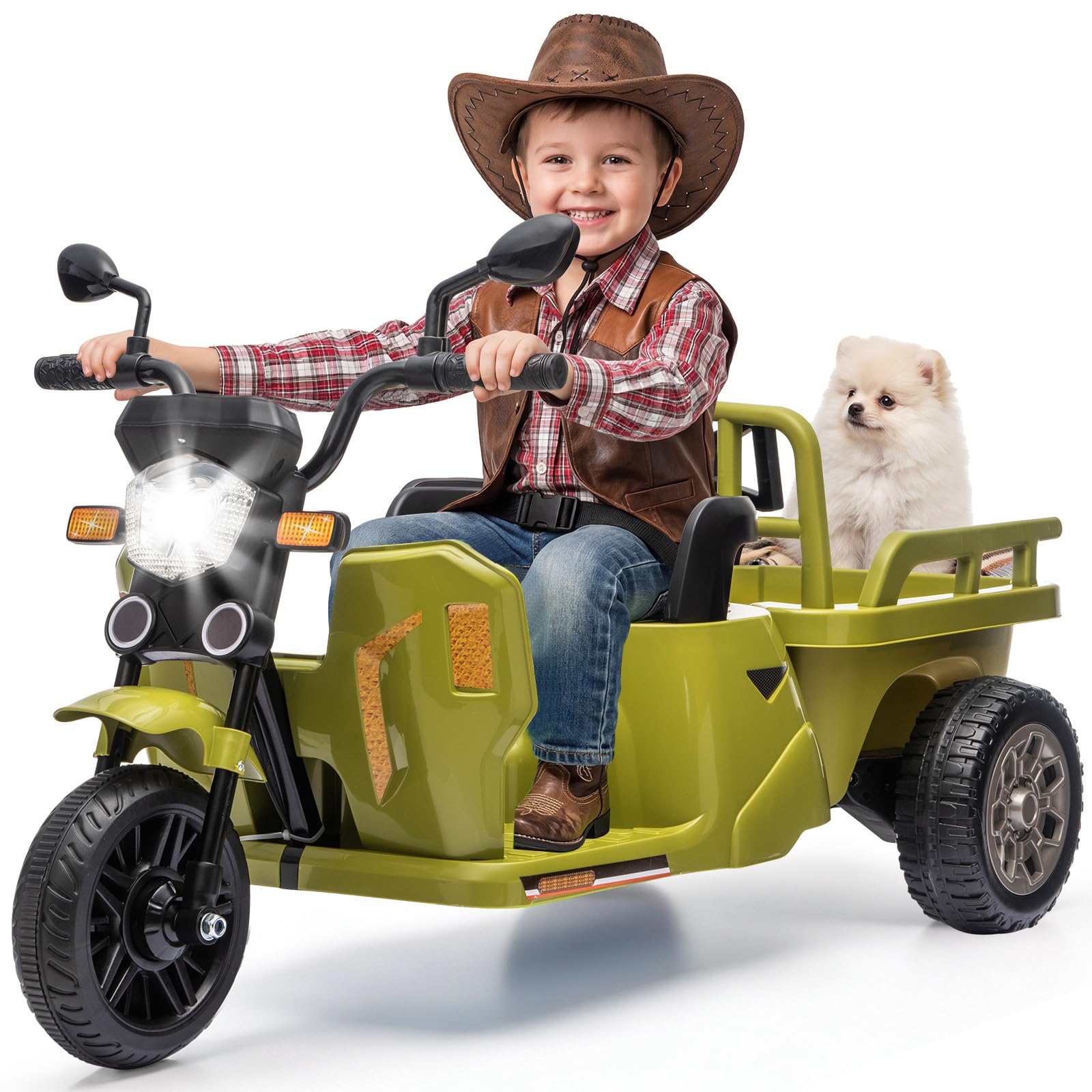 Garvee 12V Electric Kids Ride on Car, Battery Powered Ride On Motorbike for Children 3-8 Years, 3-Wheel Electric Trike with Music, LED Lights, Horn, Dump Truck Storage Trailer, Green