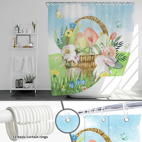 Miniatura 4 de Lindameler Juego de cortinas de ducha con diseño de huevos de Pascua, diseño de conejo, diseño de conejo, diseño de flores, 72 x 72 pulgadas, con 12