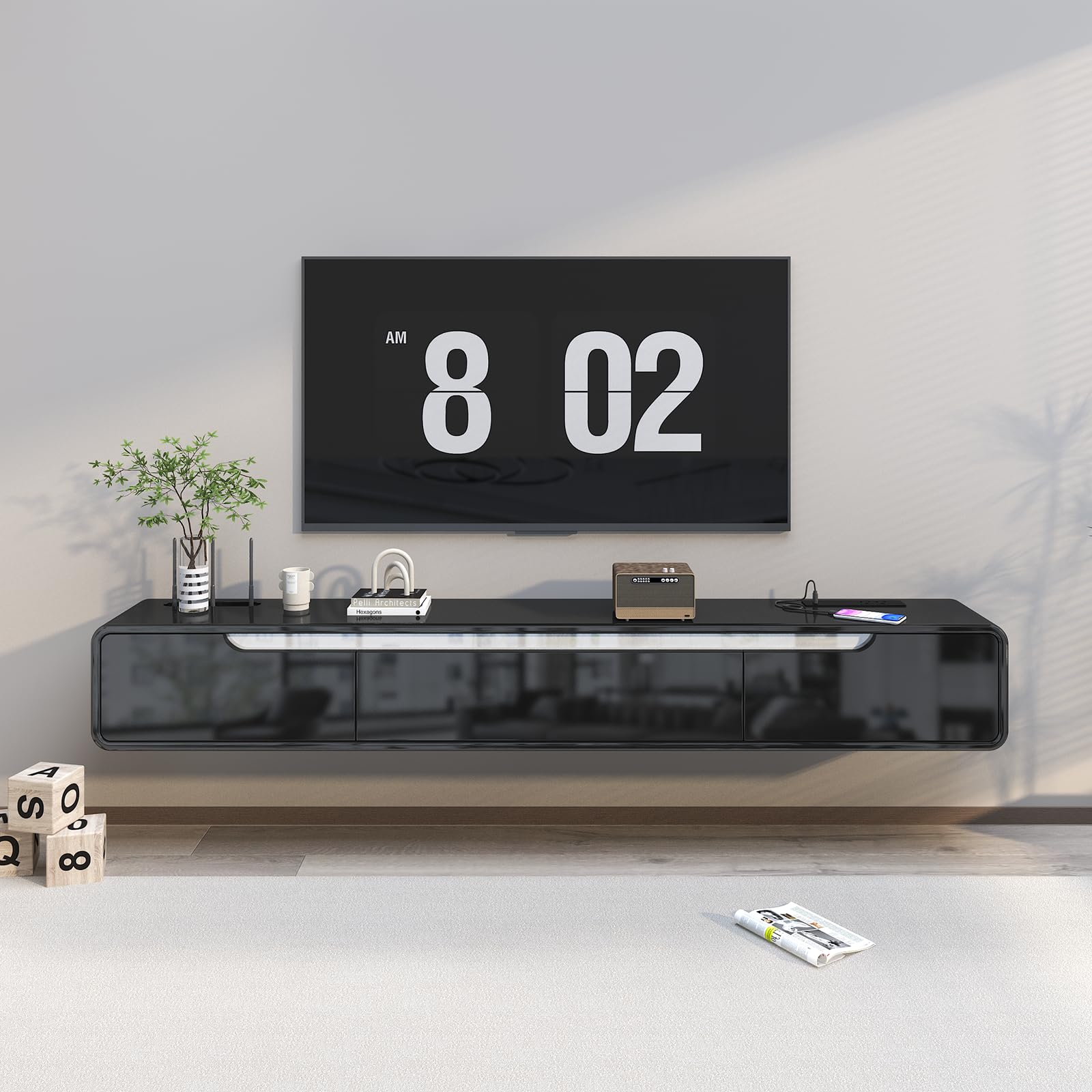 CENOVE High Gloss Floating TV Stand with 3 Doors,70.8'' Wall Mounted TV Cabinet,Under TV Console,Floating Media Shelft for Bedroom Living Room(Black