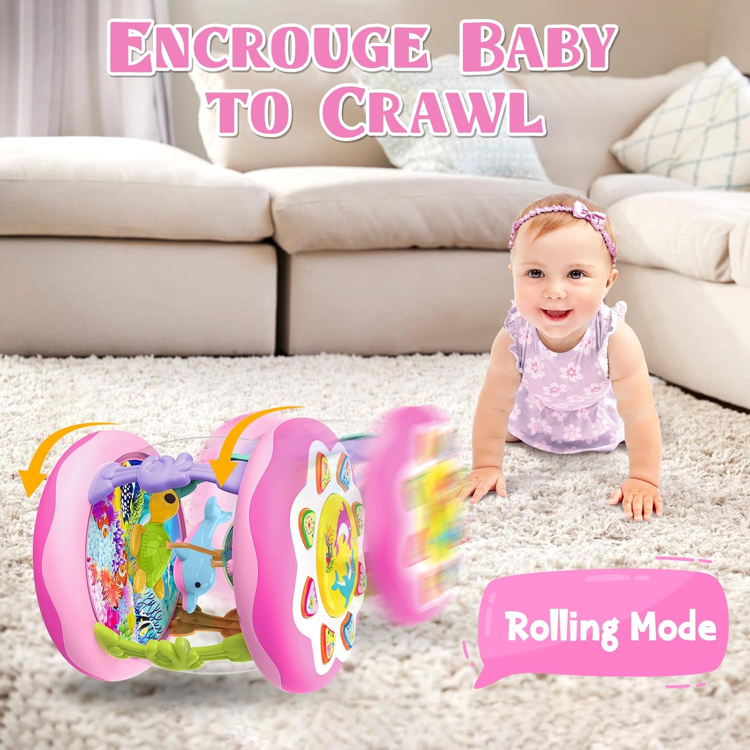 Baby Girl Toys for 6-12 Months Ocean Rotating Light Up Musical Toys Tummy Time Infant Toys 3-6 12-18 Months Baby Girl Toys 1 2 Year Old(Pink) - Image 2