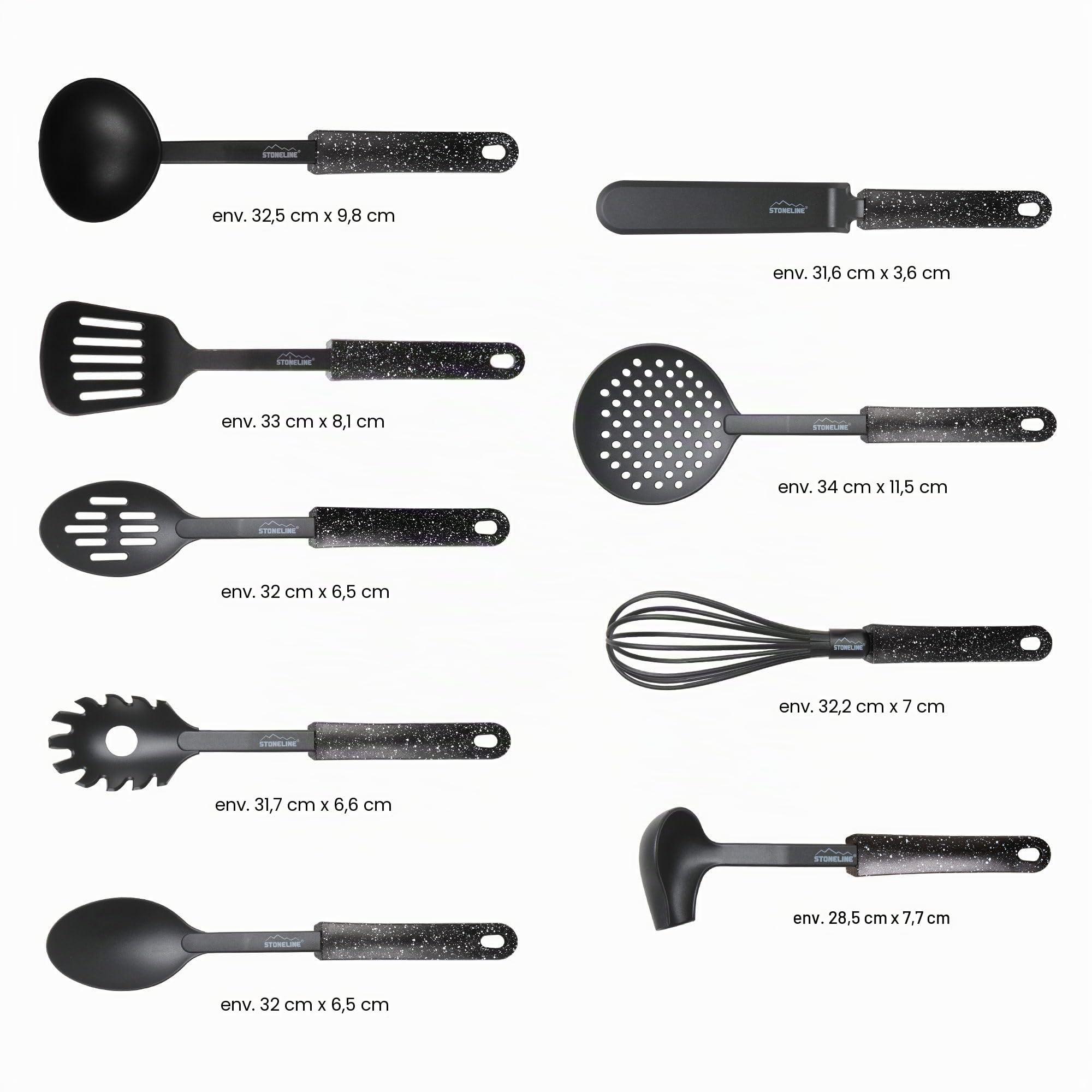 STONELINE Set d'Ustensiles de Cuisine 9 pcs, en Plastique et Design Original STONELINE, avec Support en Plastique, adapté aux Ustensiles de Cuisine à Revêtement Antiadhésif, Noir