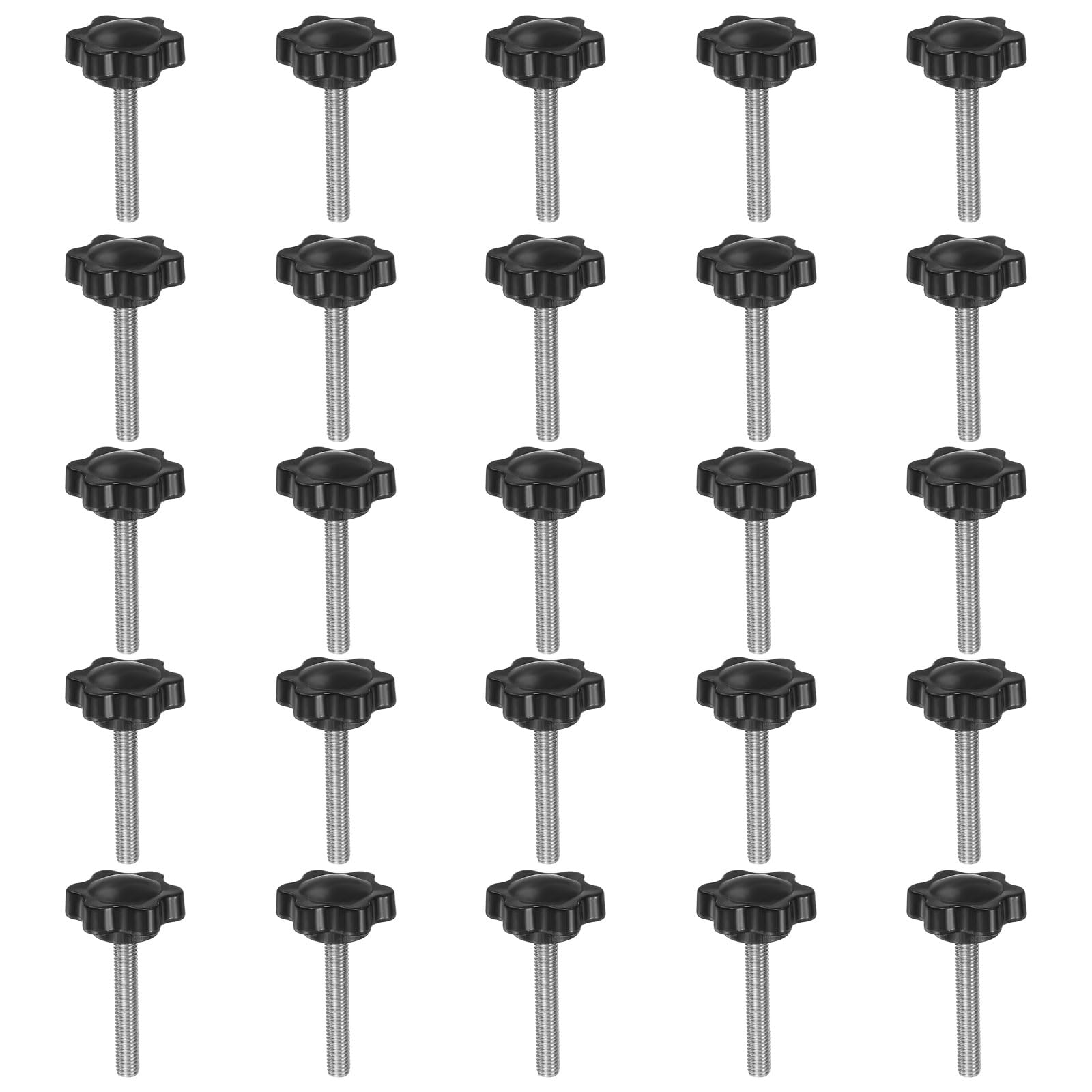 HARFINGTON 25pcs Star Knobs M5 x 30mm 304 Stainless Steel Threaded Stud 25mm Plastic 6-Star Head Hand Tightening Thumb Screw Clamping Jig Knob Handle, Black