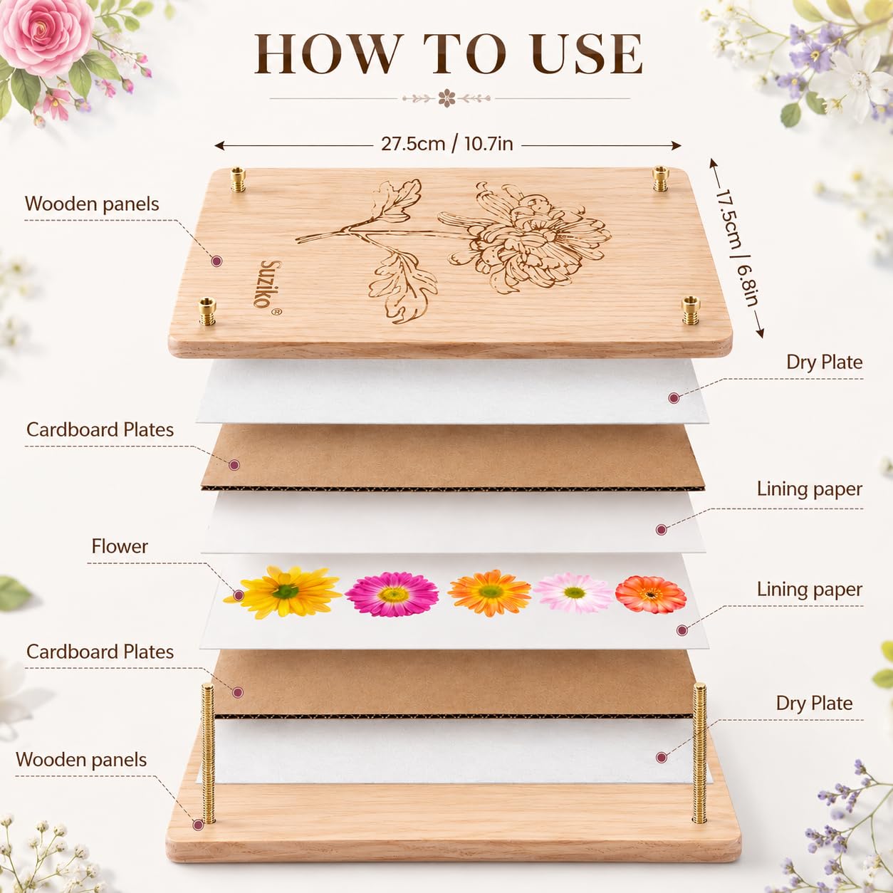 Suziko Großes Blumenpressen-Set - Blumen- und Pflanzenkonservierungs-Set, Maße 27.5x17.5 cm, Kunst und Handwerk für Erwachsene & Kinder, Blattpresse & Blumenpresse - Tolles Geschenk für Liebhaber