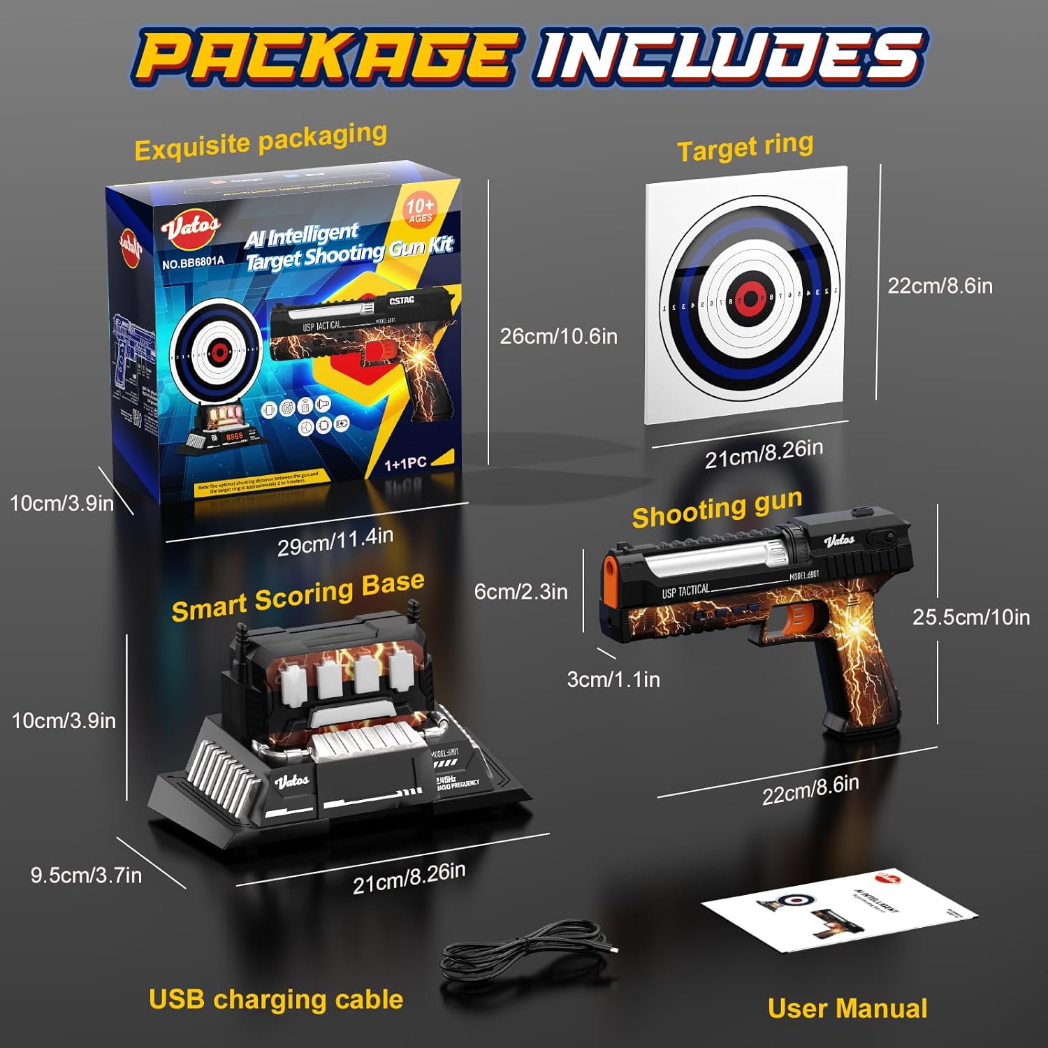 VATOS Smart Electronic Shooting Game Set with Auto-Scoring Target Base and Rechargeable Gun, Real-Time Voice Feedback, 4 Shooting Modes, Indoor Outdoor Toy for Teens Adults Family Party