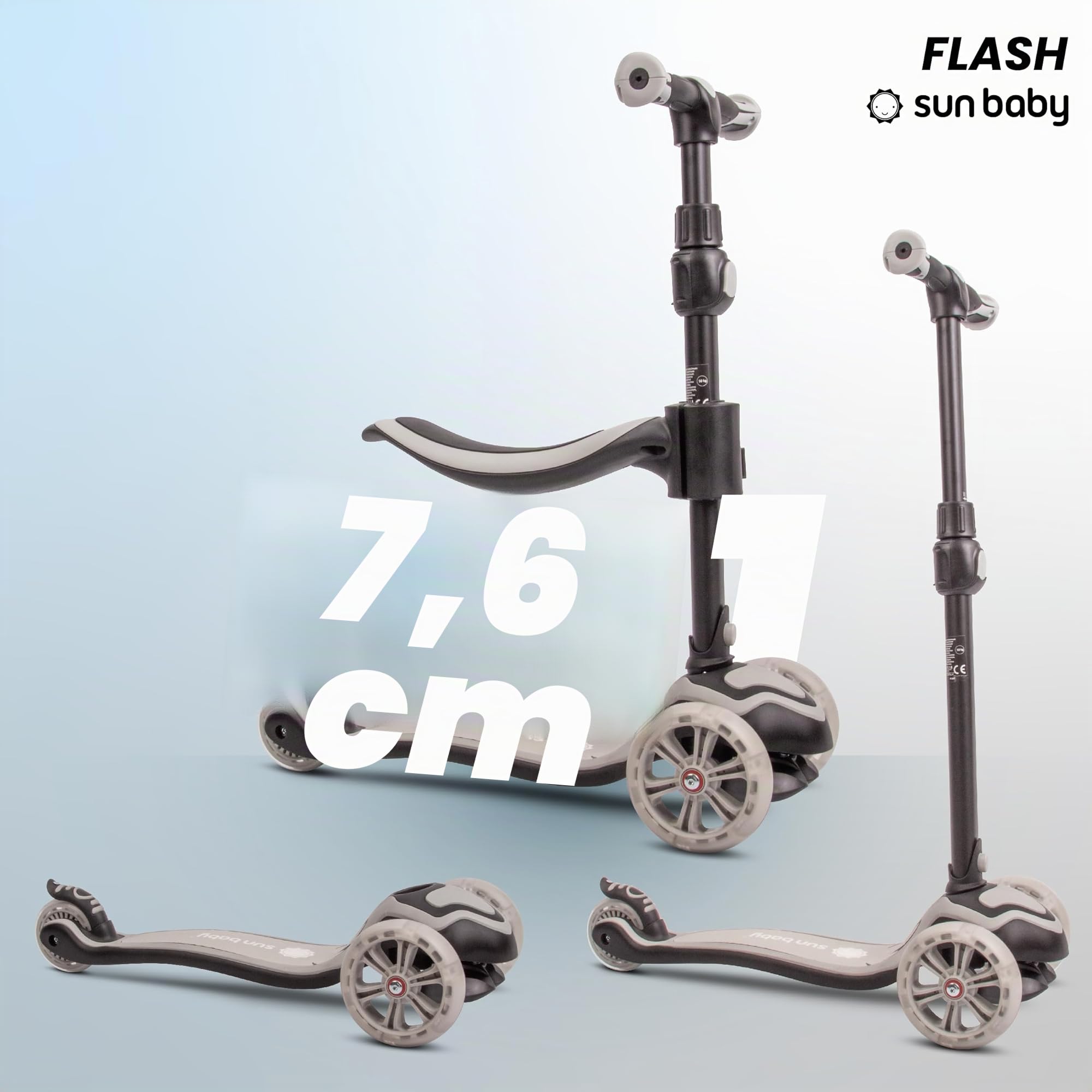 Sun Baby Monopattino per bambini 3 anni, Triciclo Scooter 3 Ruote Luminose a LED, regolabile in altezza, Children's Scooter