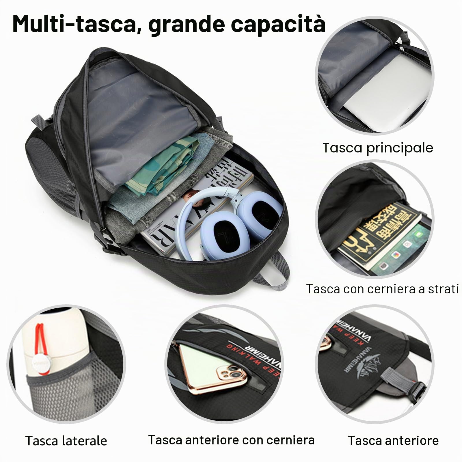 Zaino da Trekking Zaino Impermeabile 25L Zaini Hiking Backpack per Donna Uomo Campeggio Arrampicata Viaggio Sport Nero