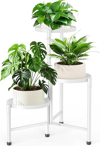 Soporte de metal para plantas de 3 niveles para interiores y exteriores, estante esquinero para plantas con bandeja de 10 pulgadas de ancho, soporte