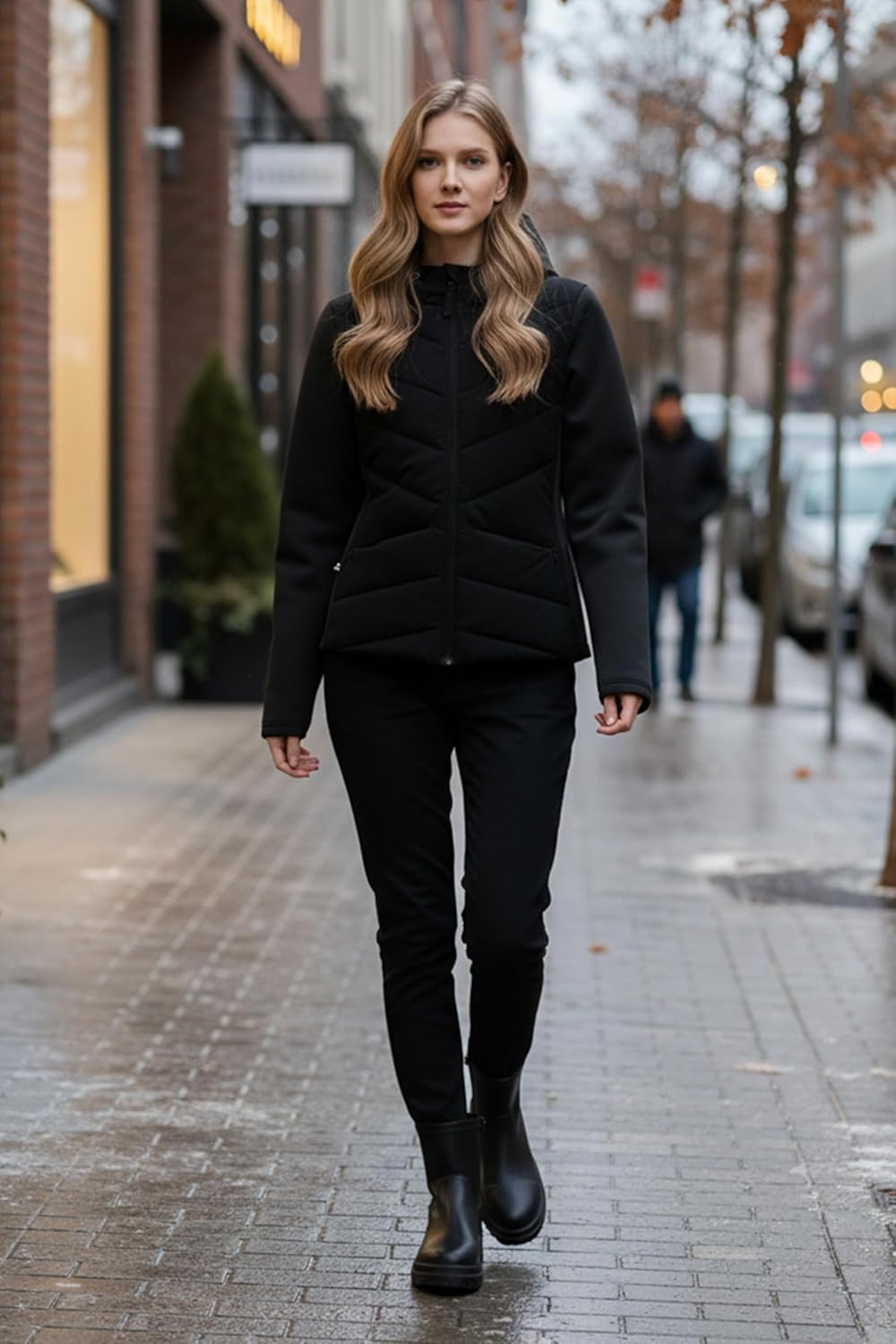 Orolay Women's Quilted Puffer Jacket Lightweight Patchwork Sleeves Coat Hooded Zip Up Jacket for Outdoor, Hiking - Image 2