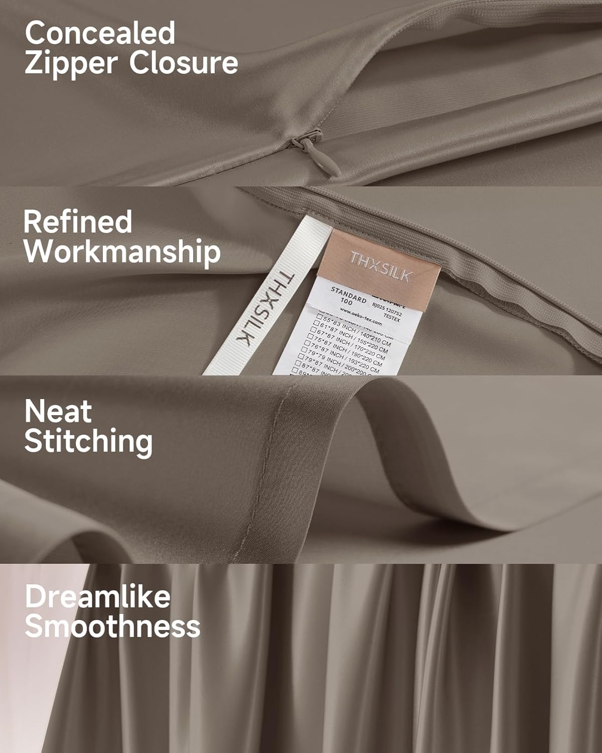 THXSILK Silk Sheet Set 4 Pcs, King Size Sheet Set, Soft Breathable Cooling Bed Sheets with 1 Flat Sheet, 1 Fitted Sheet, 2 Pillowcases with Zipper Closure, Charcoal