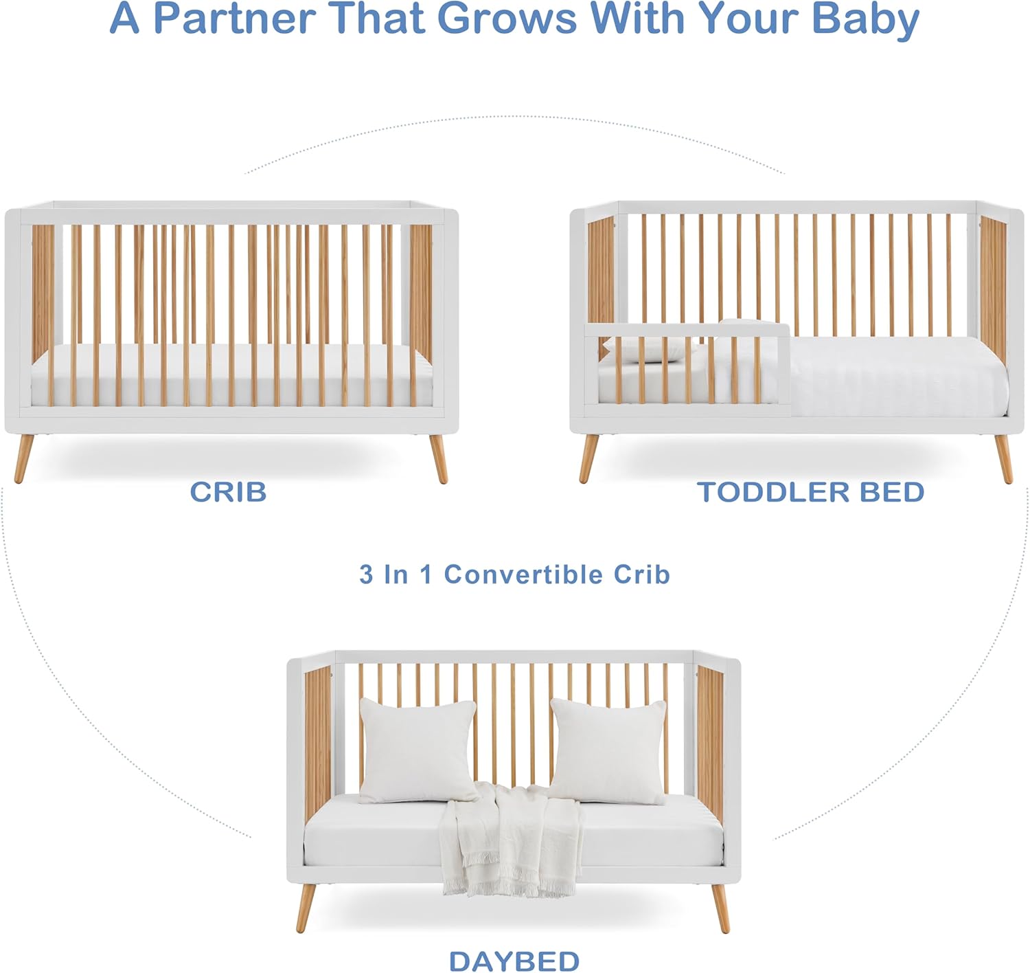 Tatum 3-in-1 Convertible Crib, White/Natural Finish, Solid Wood, Adjustable Mattress Height, Converts to Toddler Bed & Daybed, Fits Standard Full-Size Crib Mattress