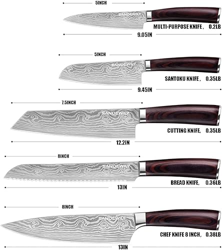 Miniatura 3 de Juego de cuchillos de chef de 5 piezas, cuchillos japoneses ultra afilados con cuchillas de acero inoxidable de alto carbono y mango ergonómico