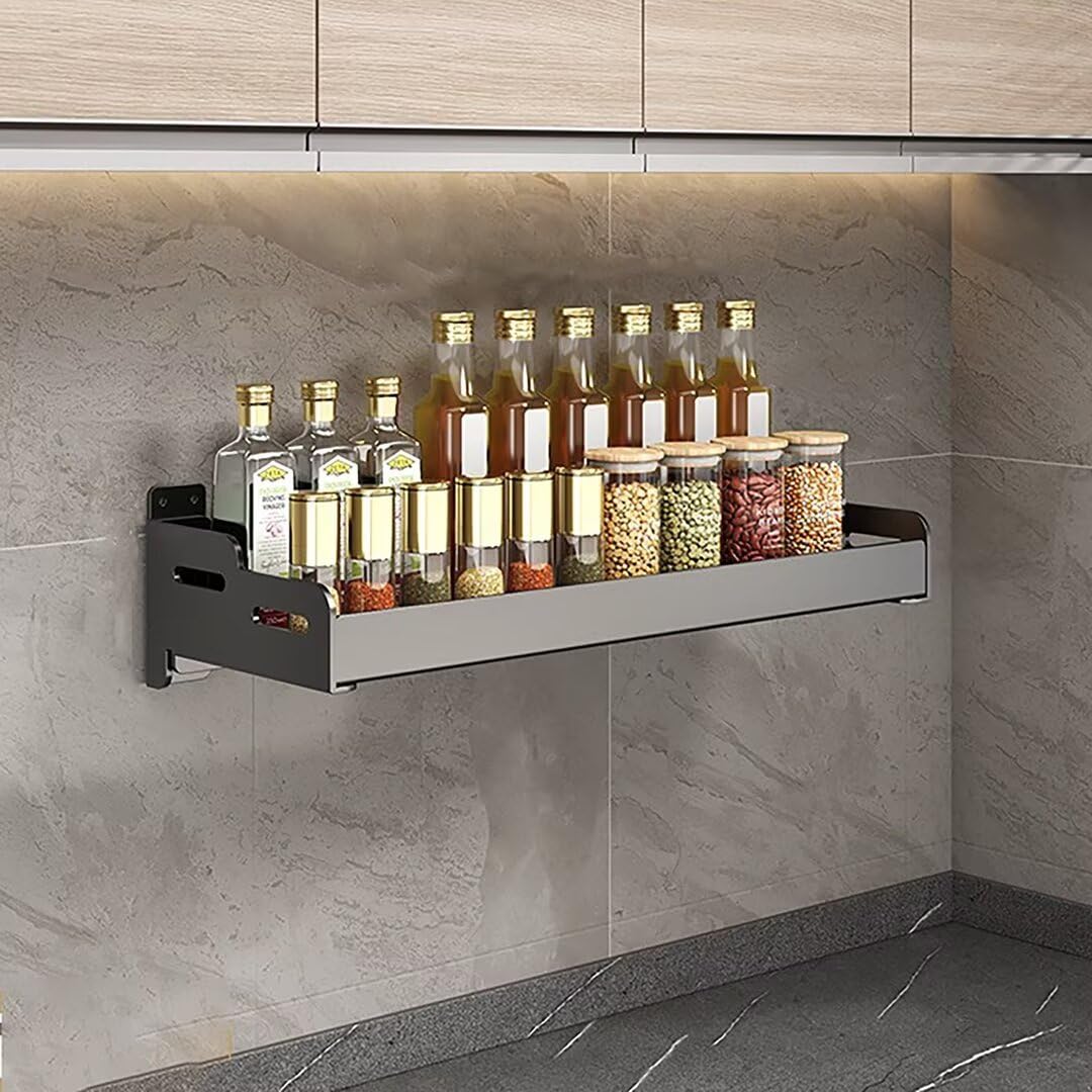 Aserzenith Black Spice Rack Wall Mounted Organizer, Hanging Storage Shelves For Kitchen Pantry, Seasoning Rack For Cabinet Door Or Bathroom,-40Cm