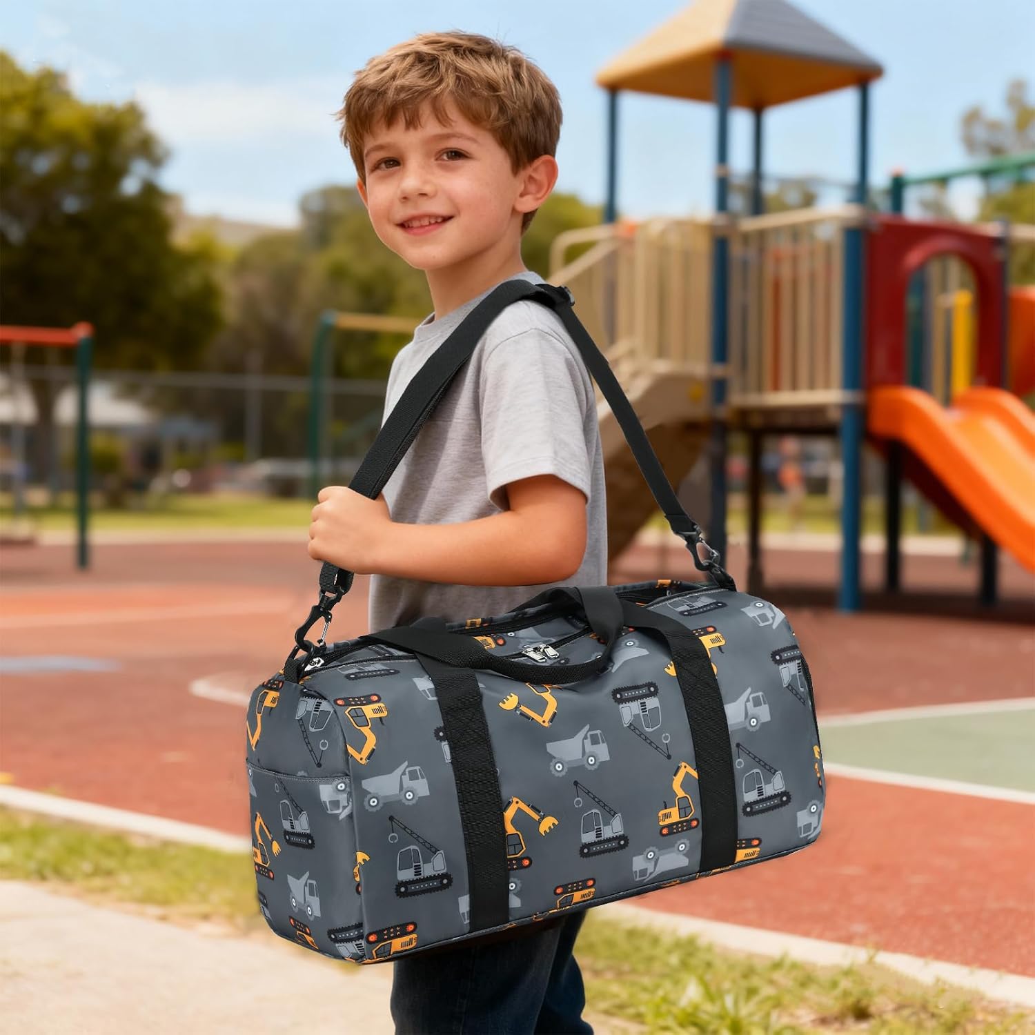 CAMTOP Kids Duffel Overnight Bag Boys Girls Toddler Weekender Carry-On Personalized Tote for Travel Gym Sport (Grey Vehicle) - Image 2