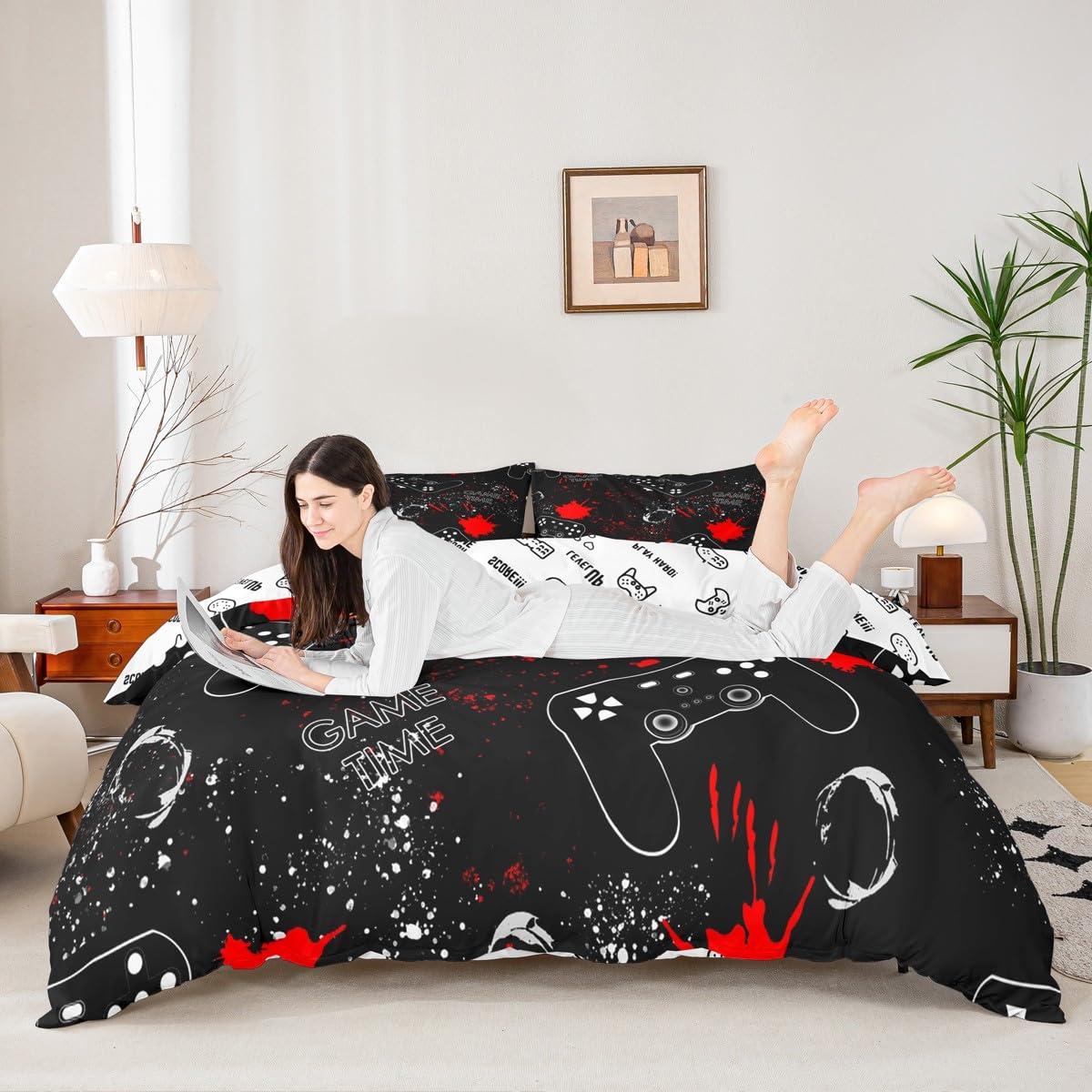 Manfei Kids Video Games Duvet Cover Set Full Size, Modern Gamer Reversible Comforter Cover with 2 Pillowcases, Youth Gaming Gamepad Bedding Set 3pcs