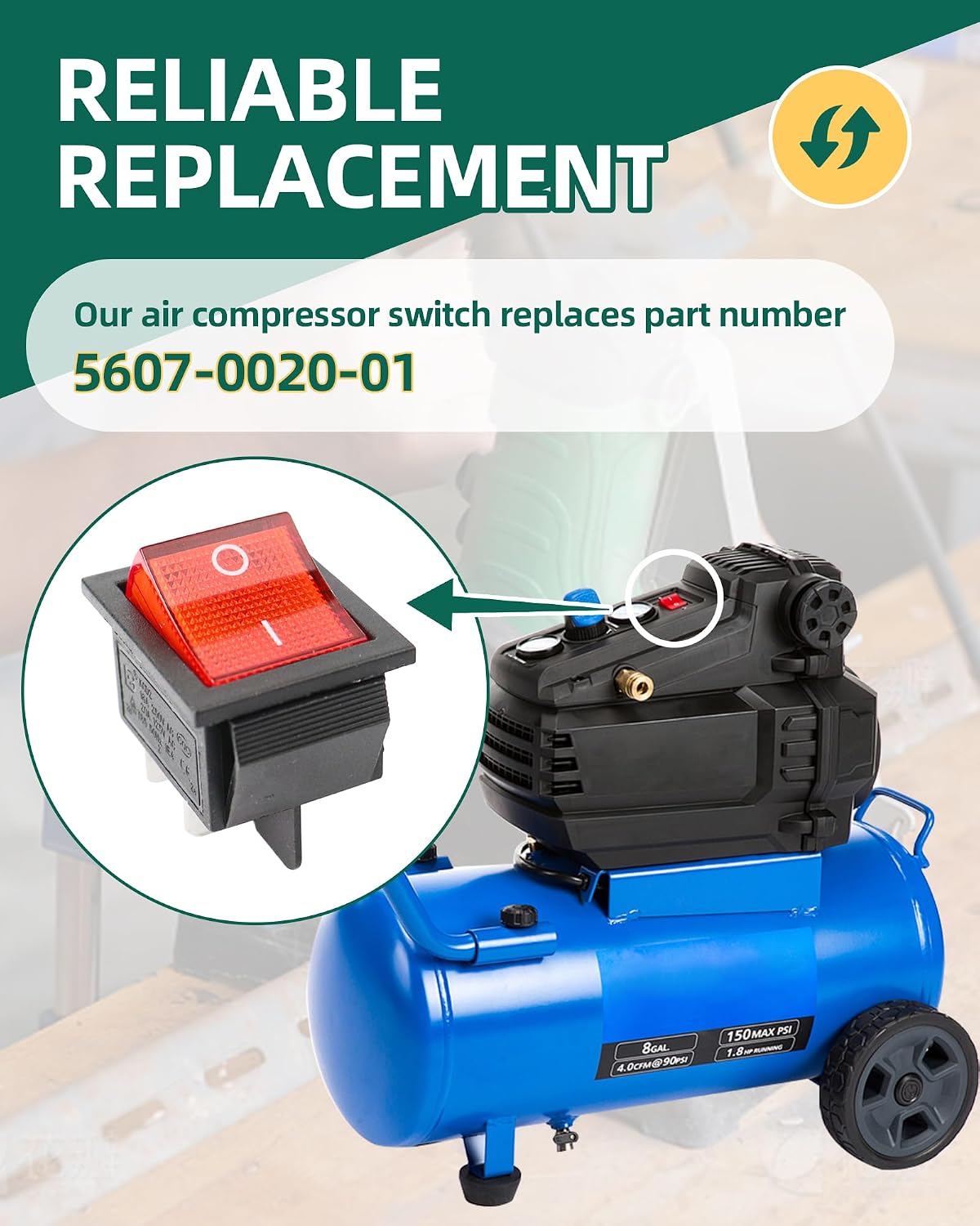 Air Compressor Switch Replaces for 5607-0020-01, On-Off Switch Replacement Compatible with Kobalt 8 Gal Tank Air Compressor, 4-Pin 2-Position, 15/30A 250V, 2Pcs (Red + Green)