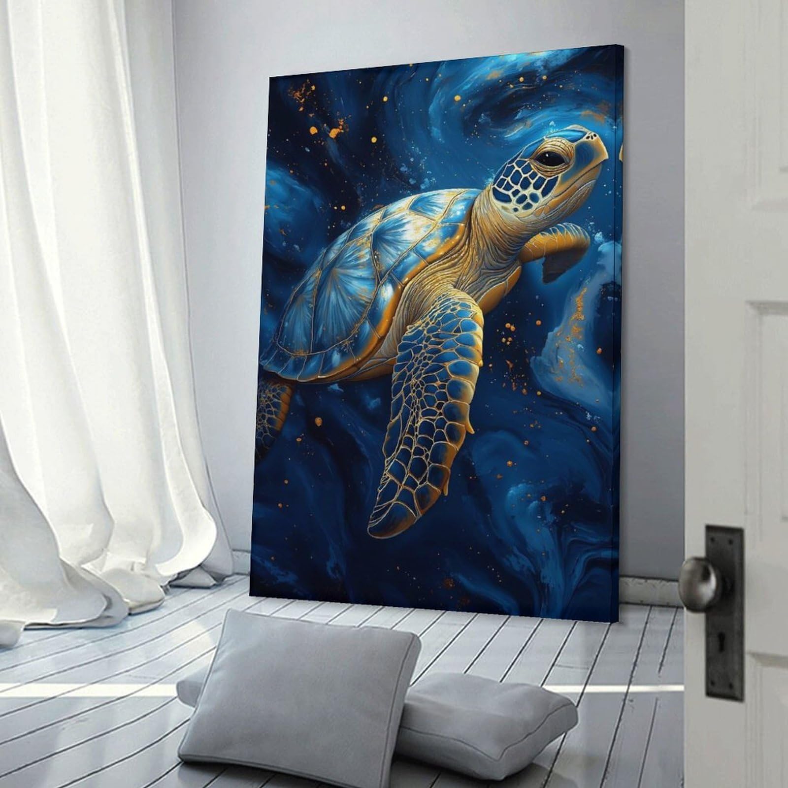 Junmoney Elegant Blue And Gold Sea Turtle Wall Picture Print 20x30inch(50x75cm), for Lounge Decor, Offices Or Entryway Styling, A Flexible Wall Accent for Shared Spaces