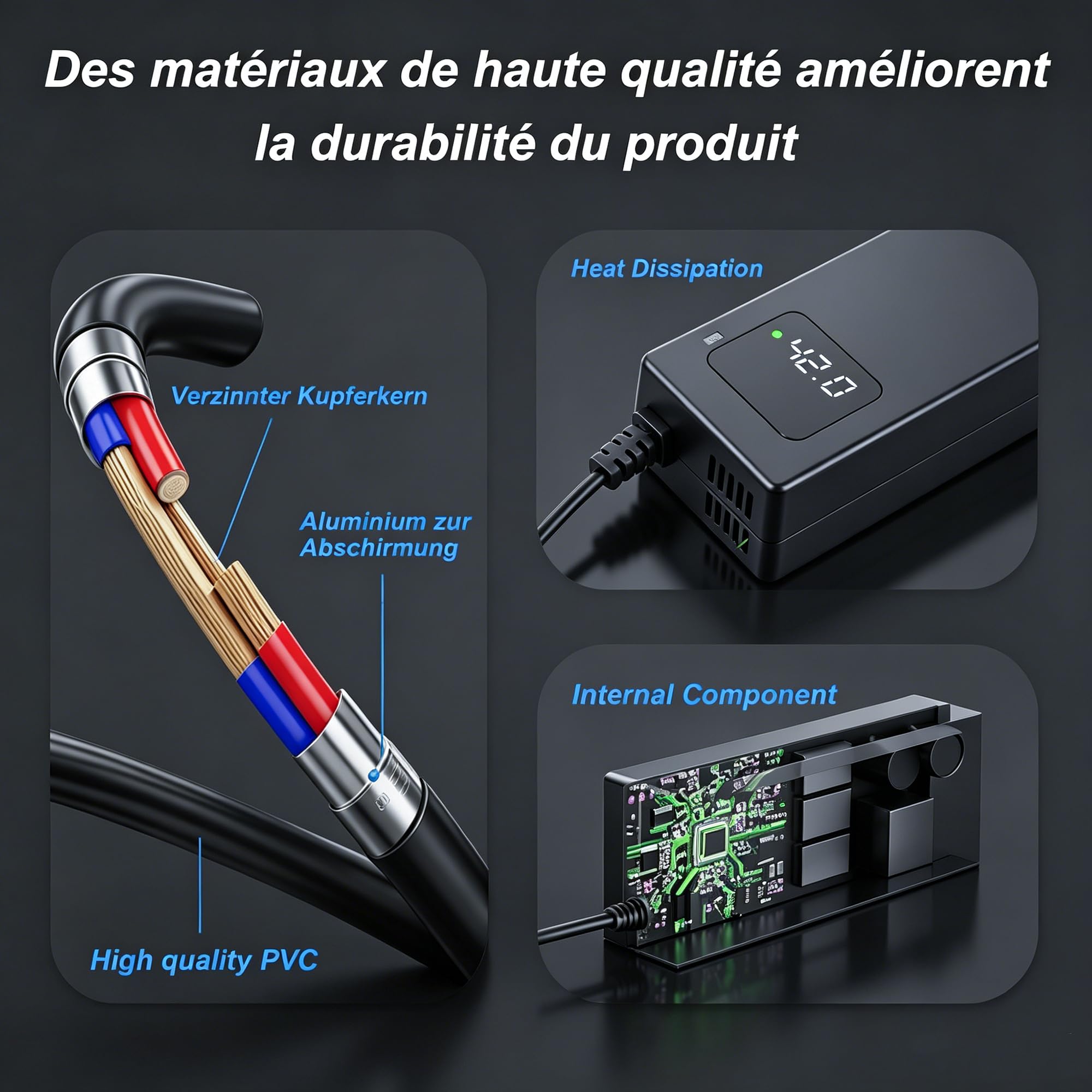 Chargeur 42V 2A pour Batterie Lithium 36V de vélo électrique | Affichage tension temps réel, ventilateur, protections multiples, connecteurs DC 5,5*2,5/2,1mm et RCA 8mm