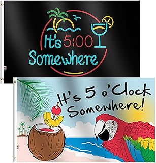 Rhungift 2Pack It's 5 O'Clock Somewhere Flag Large 3x5 Ft Outdoor Both Sides 100D Polyester Canvas Header and Double Stitched Five O'Clock Somewhere Novelty Party Parrot House Flag