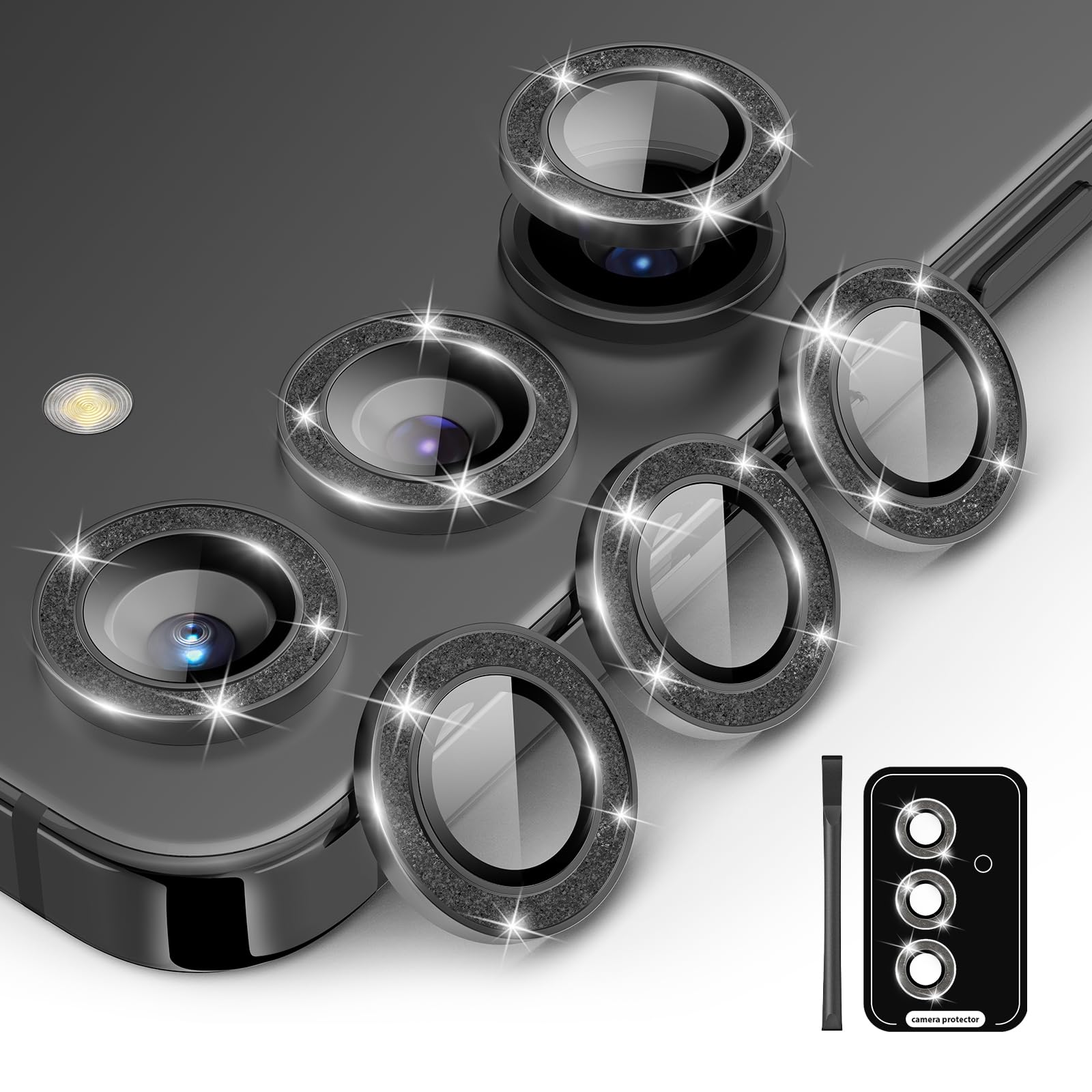 Kanosan Compatible for Galaxy S25 Plus Camera Lens Protector Glitter Individual Aluminium Alloy Ring 9H Tempered Glass Bling Camera Cover for Samsung Galaxy S25 Plus Glitter Black