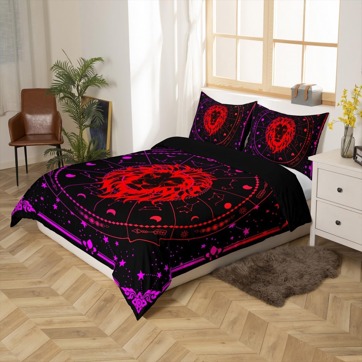 Erosebridal Leo Duvet Cover Toddler,Twelve Constellations Comforter Cover,Glitter Stars Bedding Set Red and Purple Bed Set