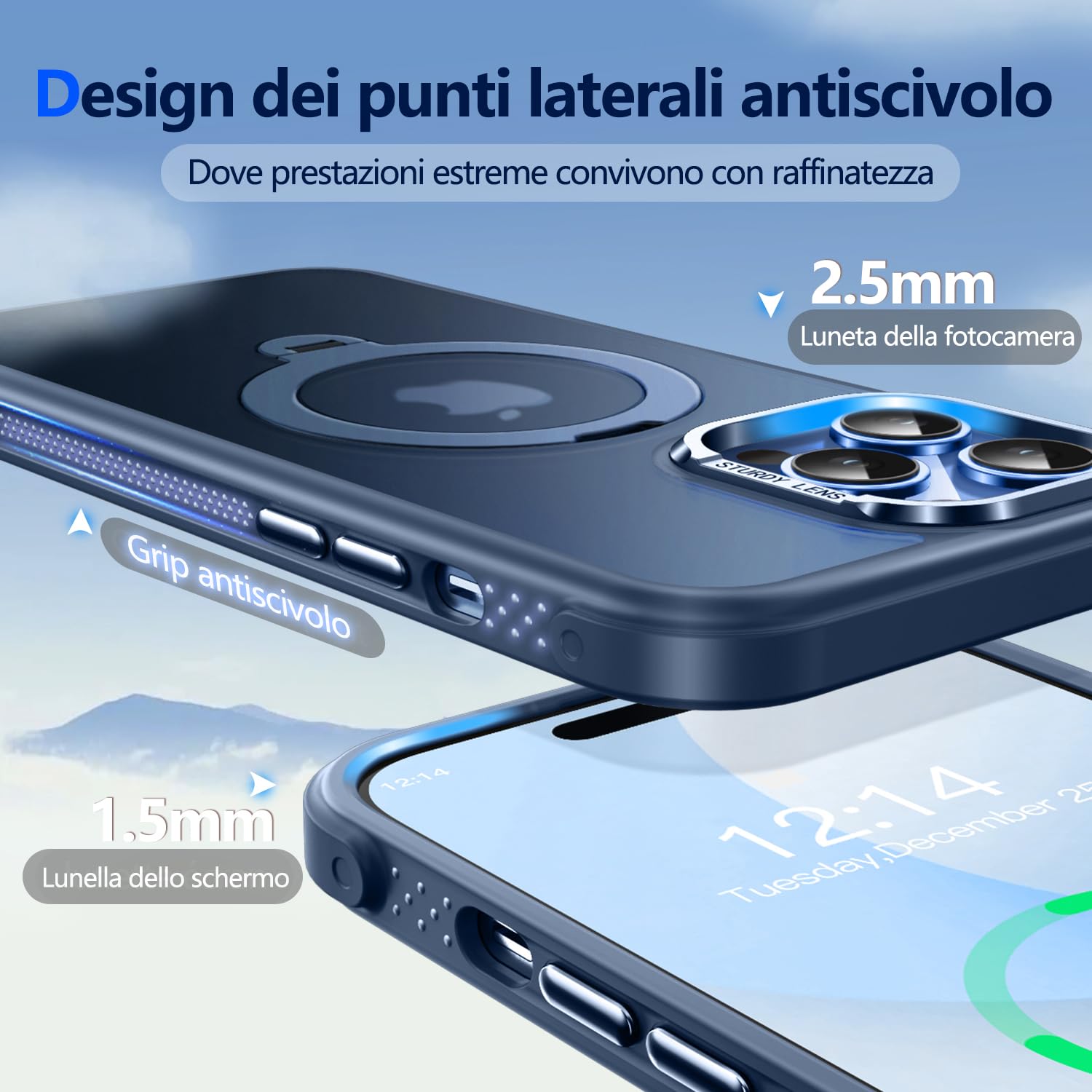 Custodia O3 Mag-Stand per iPhone 14 Pro con Supporto a 360°,[Compatibile con MagSafe][Eccezionalmente Delicata Sulla Pelle] Sottile Eopaca Magnetica Traslucida 6,1", Blu Opaco