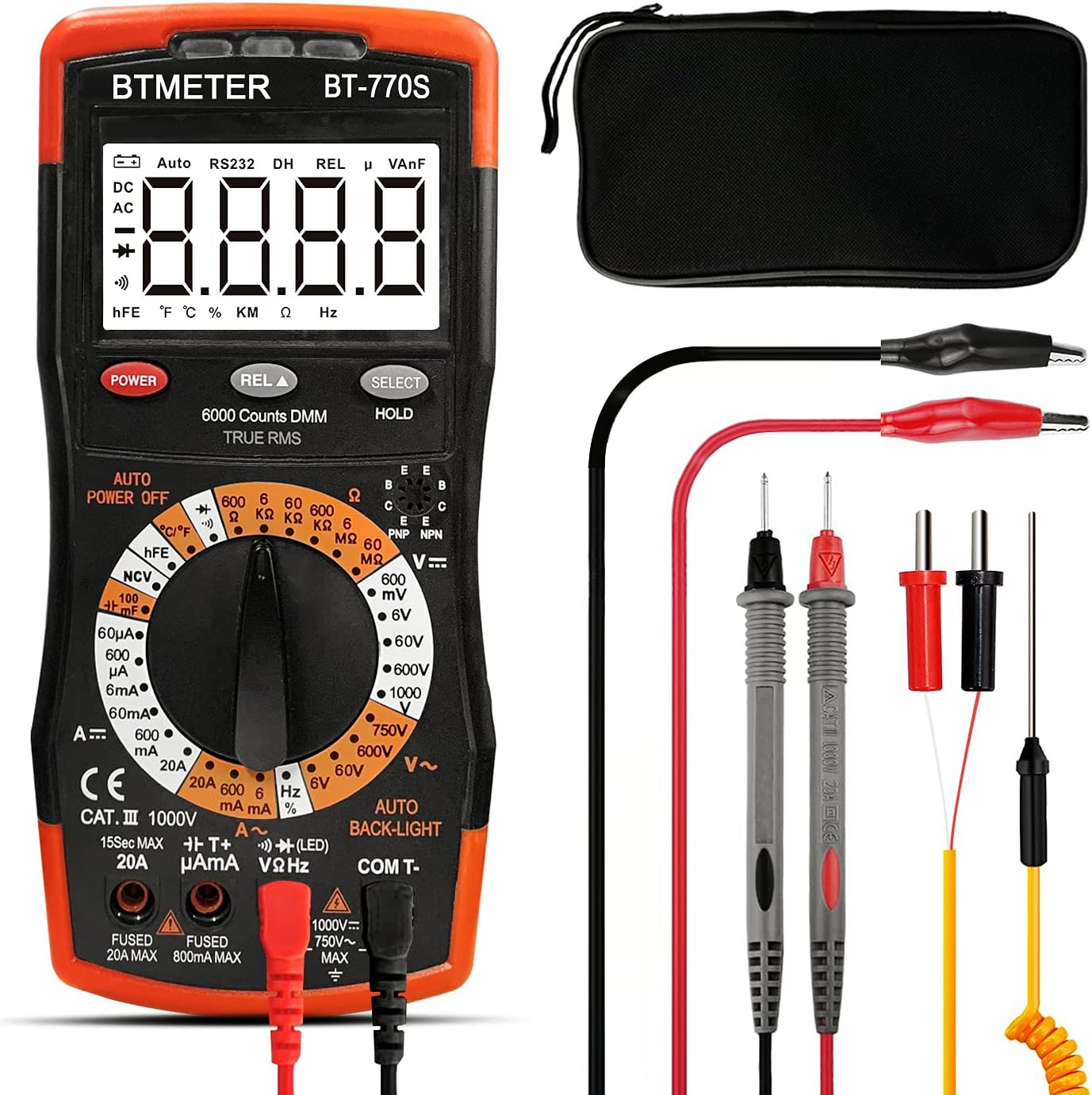 BT-770S Multimeter Manual Ranging Electric Meter, for AC DC Volt Amp Ohm Capacitance Frequency with Continuity Tester, Auto Backlit for Automotive Hobbyist Electrical Home