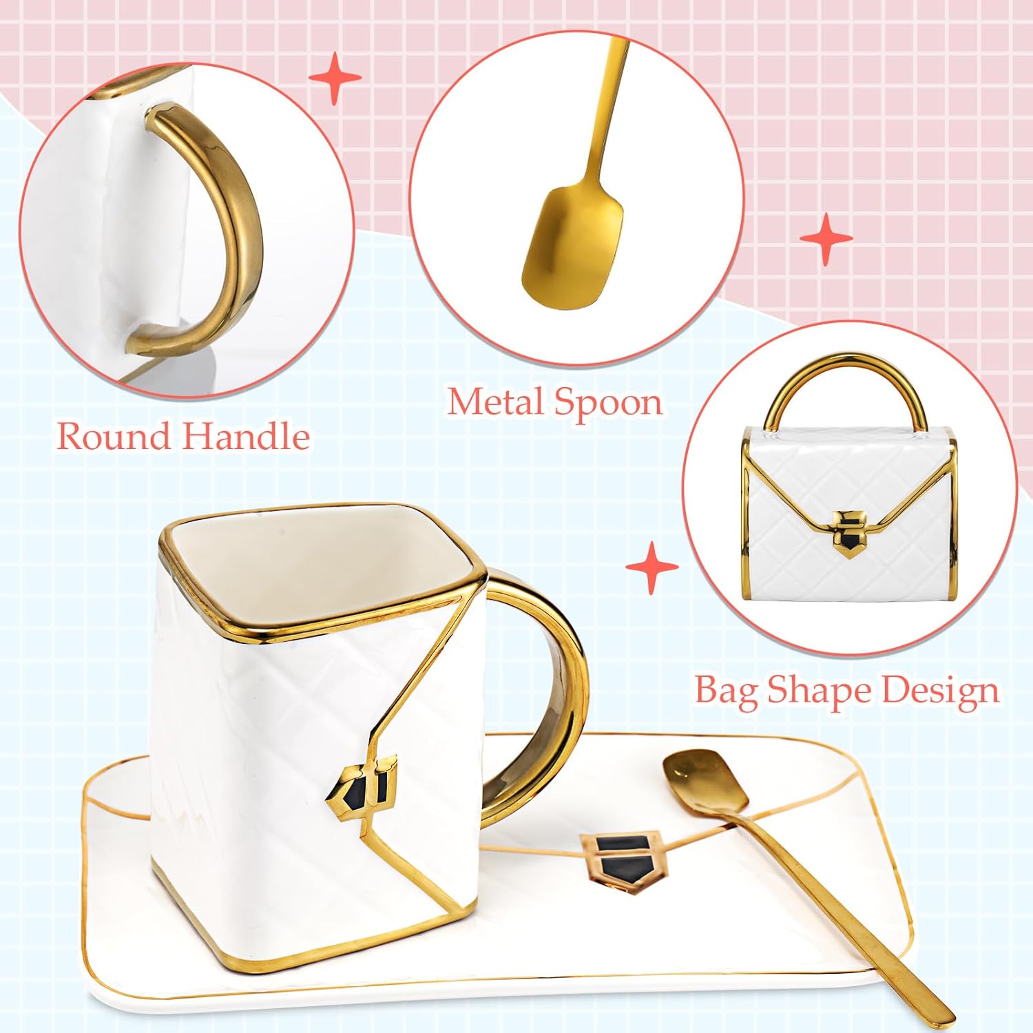 Nitial 2 Sets Handbag Shaped Mug and Saucer Set 10 oz/ 310 ml Ceramic Coffee Mug Purse Tea Cup with Saucer Spoon for Office Home Coffee(Black, White) Black/White