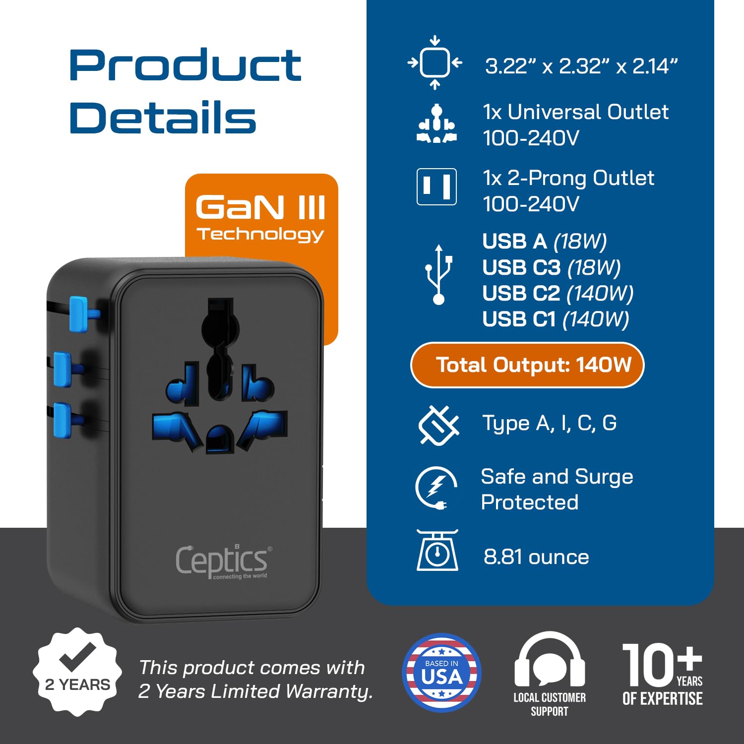 Ceptics Adattatore di alimentazione internazionale 6 in 1 con PD 140 W USB-C, 1 porta USB-A, 3 x Tipo C, ingresso universale e 1 ingresso USA/JP con prese di tipo A, C, G, I per viaggi internazionali