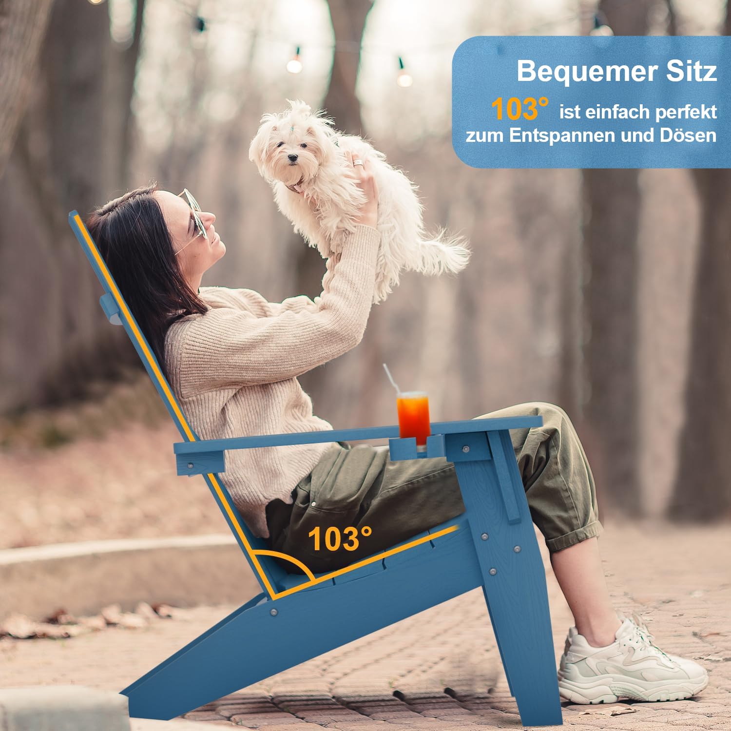 Adirondack Stuhl mit Getränkehalter für Outdoor Garten: Wetterfest Adirondack Chair Kunststoff HIPS - Ergonomisch Adirondack Relaxsessel Outdoor Stuhl für Balkon/Feuerstelle/Terrasse/Beach(Navy)