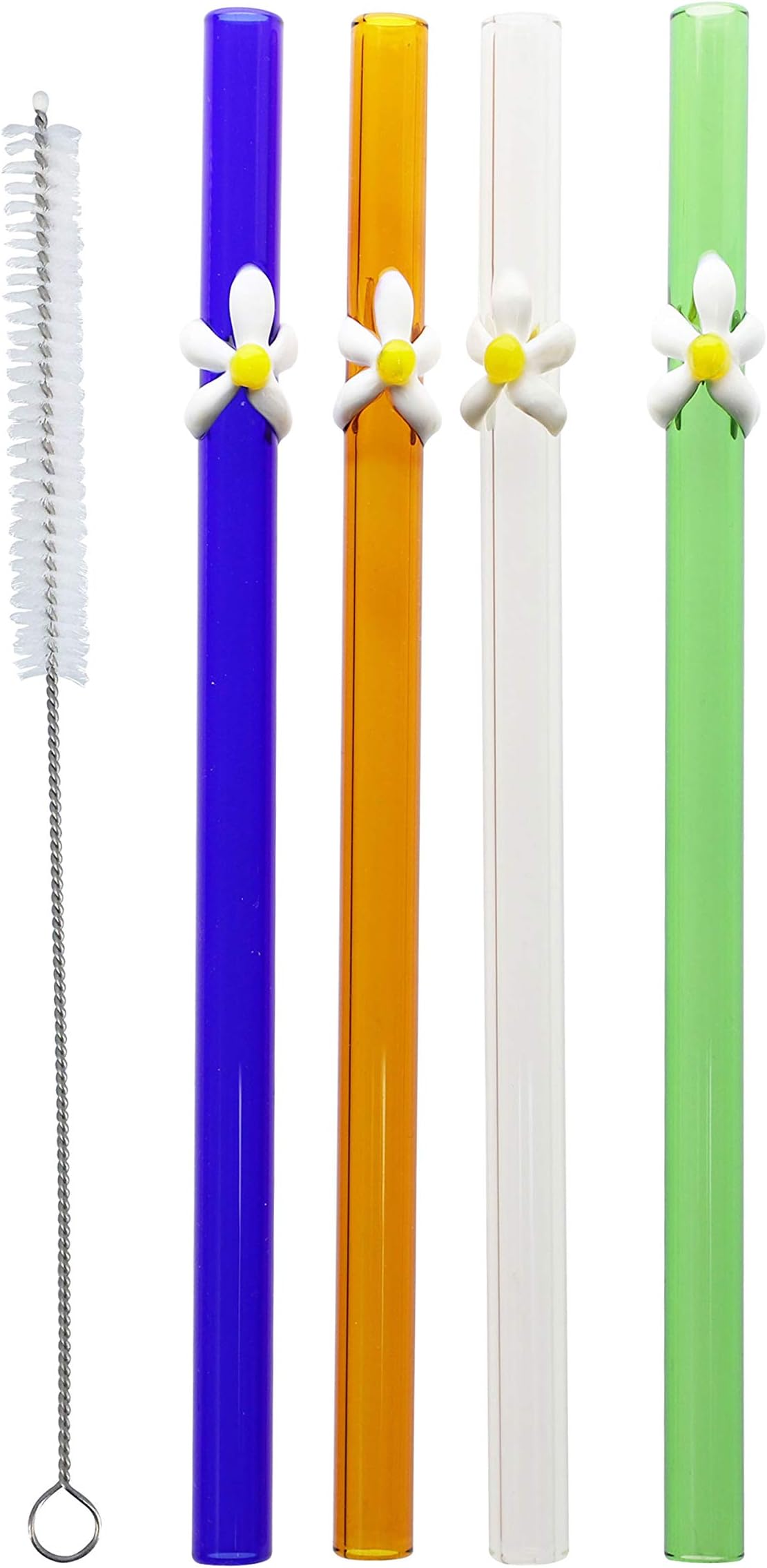 DOCTORBEE Straight Glass Drinking Straws 12MM 9" Sunflower Straw for Smoothie Milk Coffee Set of 4 Capitalized With a Brush Clear Blue Green Amber