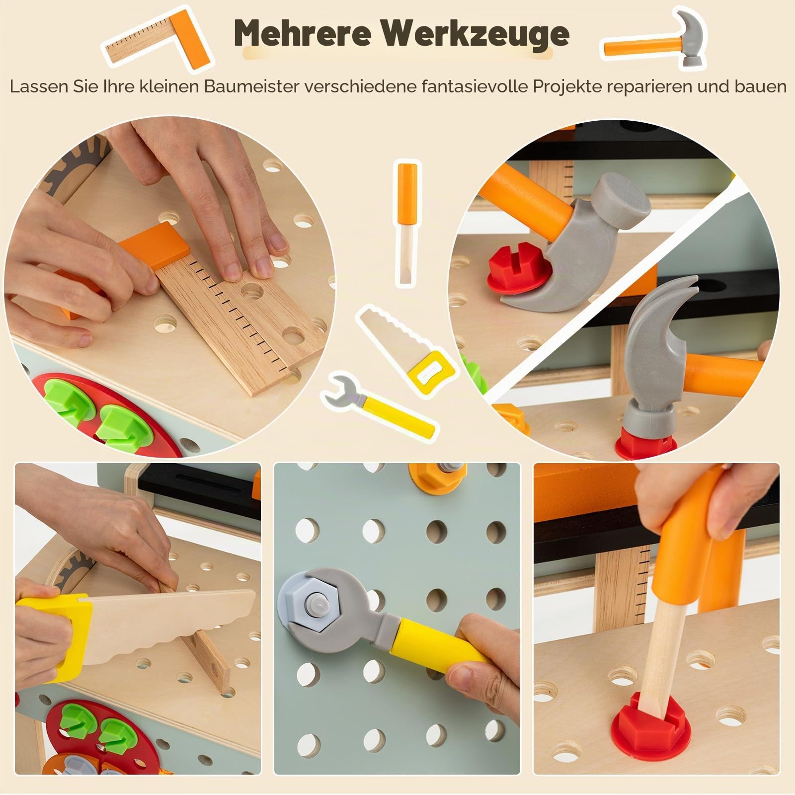 HOMASIS Werkzeugbank Kinder, Werkbank Spielwerkbank Holz, Werkstatt mit 33 TLG. Zubehör & Tafel & Arbeitsplatte & unteren Ablage, Spielzeug-Werkbank Kinderwerkbank ab 3 Jahre (54x30x83cm)