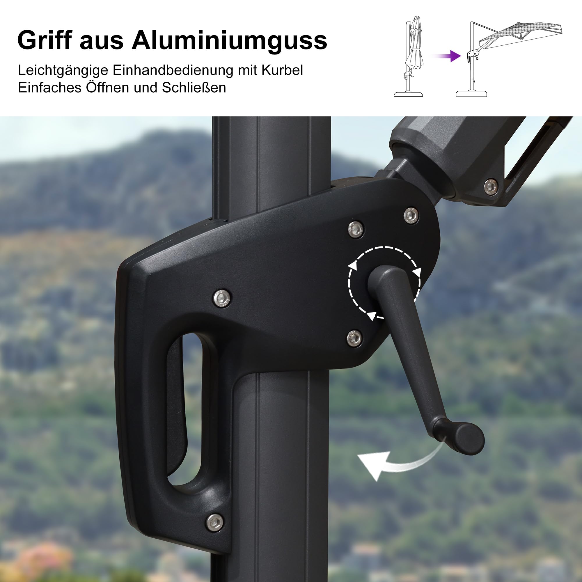 PURPLE LEAF Sonnenschirm Twist 360 × 270 cm Alu Mast 360° Rotation, Grau | Aluminiumguss-Griff, Beidseitig Axial Schwenken, Robuste 8-Streben-Konstruktion, 5-Fach Neigbar, XL-Schatten Ampelschirm